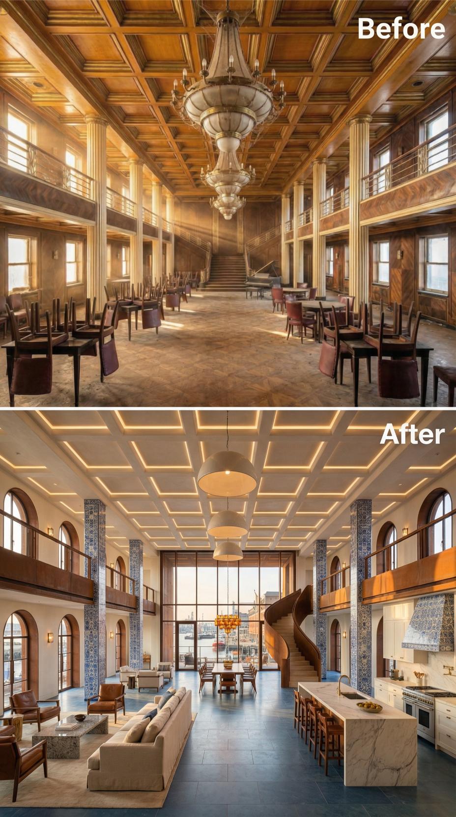 Coffered Shell Plastered White, Blue Zellige Columns and Spiral Stair Installed Below