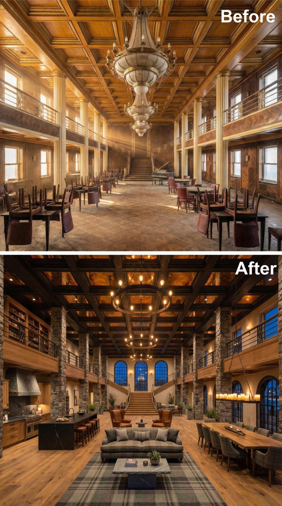 Dark-Stained Coffered Grid, Stone Columns, Barrel Chandelier Reclaim the Liner Hull