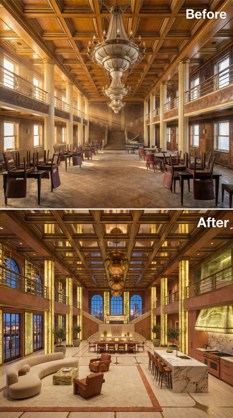 Gilt Columns Relit in Brass, Onyx Panels and a Mirrored Sphere Dropped Into the Liner Shell