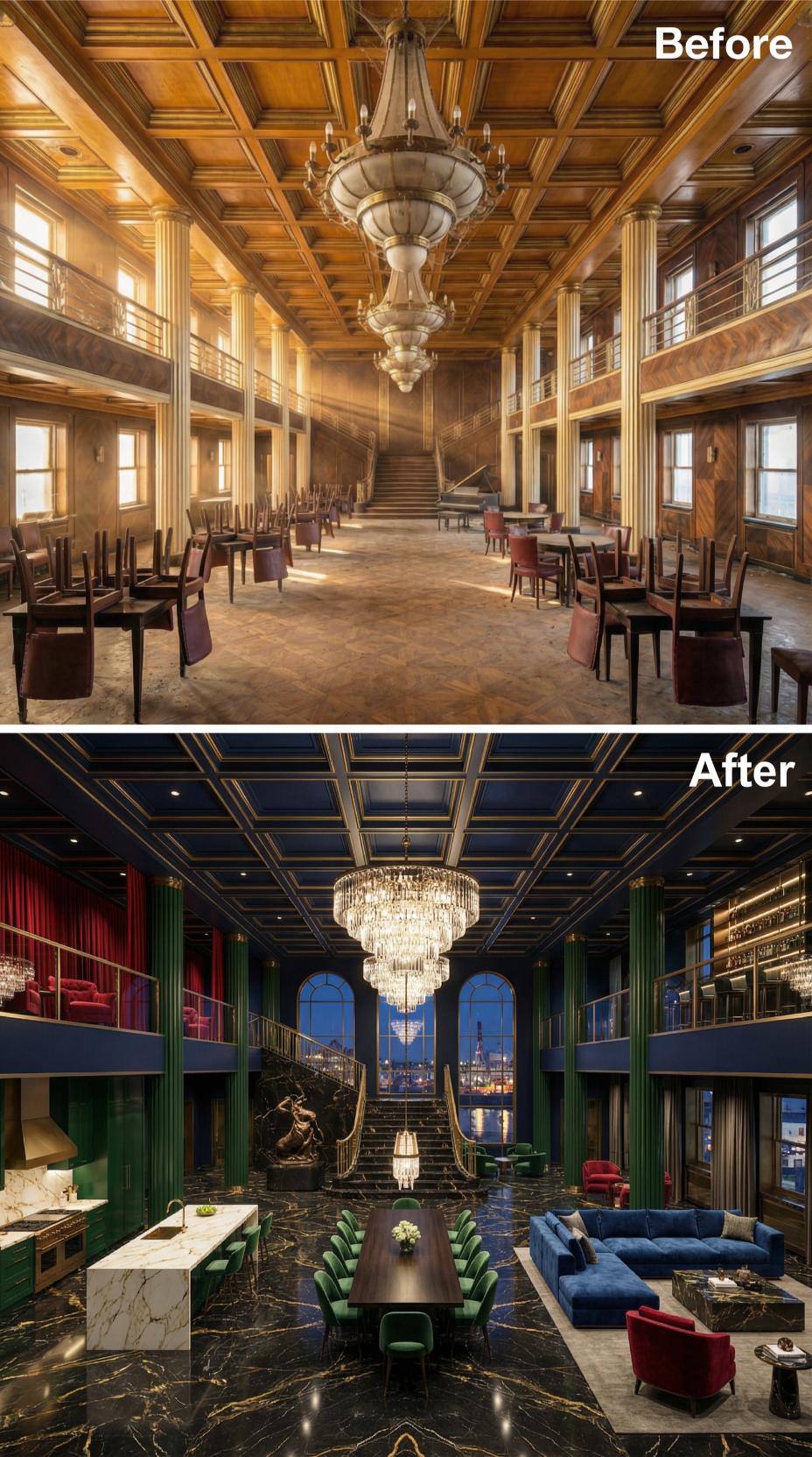Midnight Navy Coffered Ceiling, Black Marquina Marble Floor, One Grand Salon Reborn