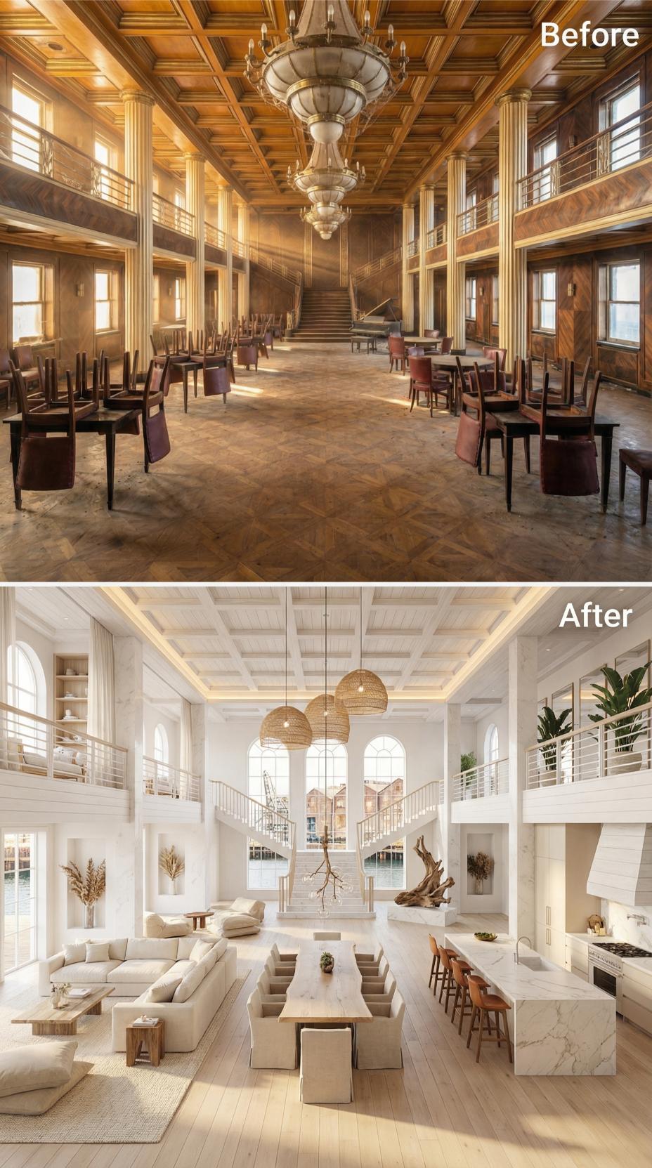 Bleached Oak and Wicker Replace Gold Leaf in a Grand Salon Reborn as Open Living