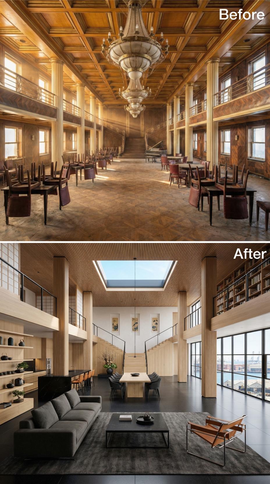 Skylight Cut Through the Coffered Deck, Japanese Minimalism Moves In