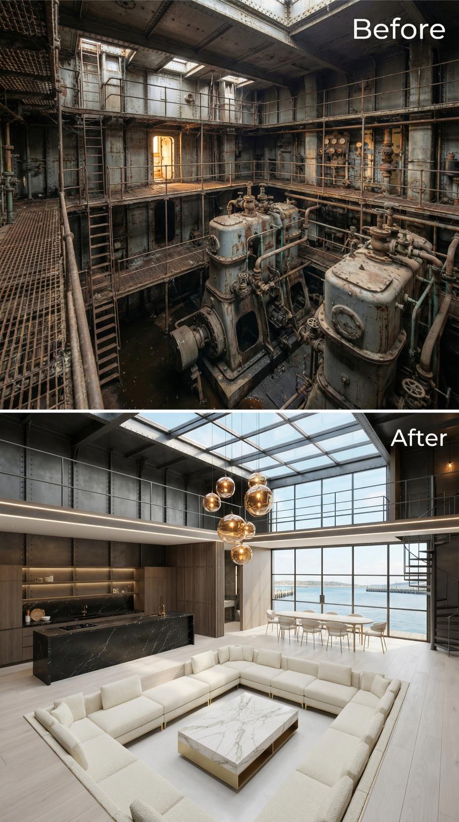 Rusted Engine Room Gutted and Rebuilt Into a Waterfront Living Space