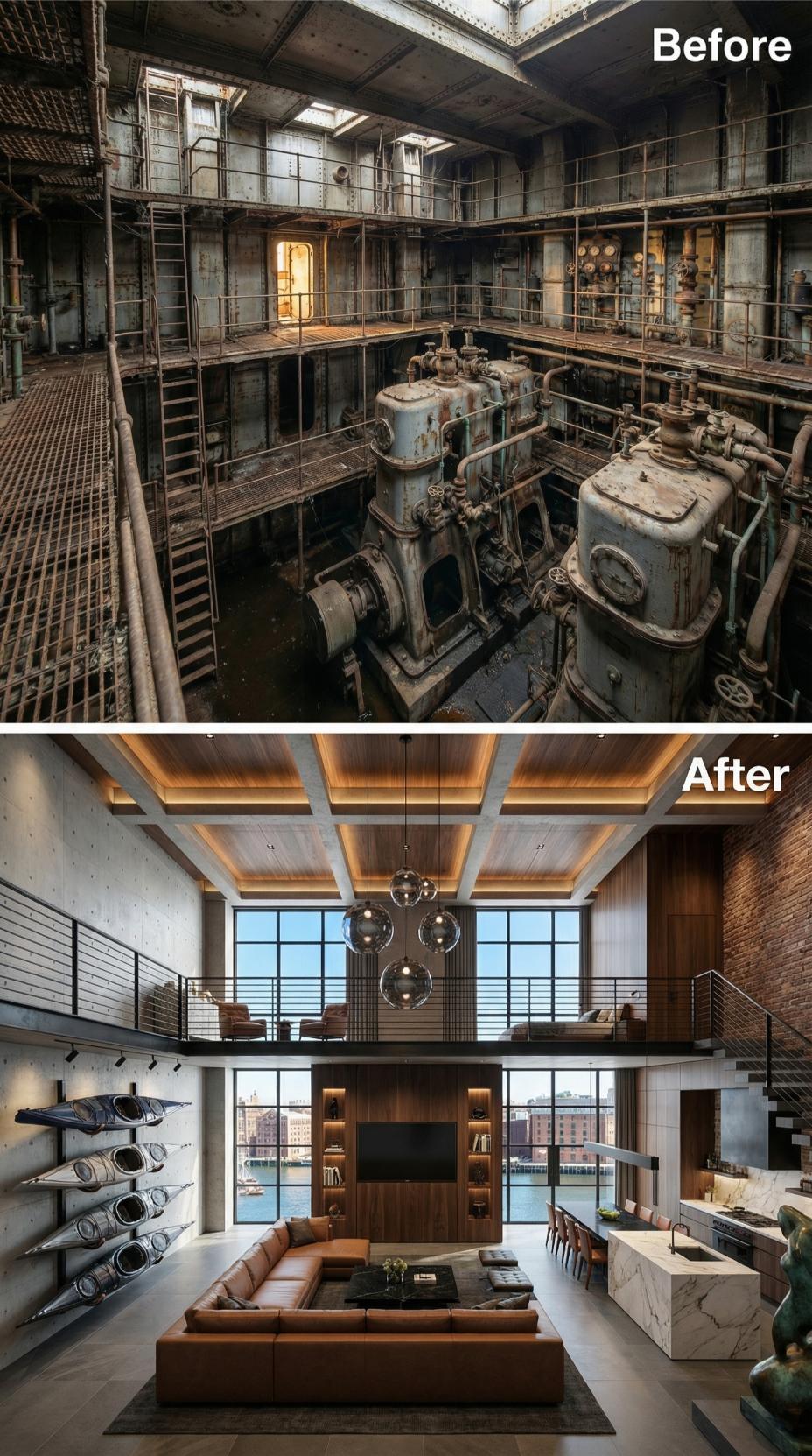 Kayaks on the Wall, Leather Sectional Below, Water Visible Through Every Window