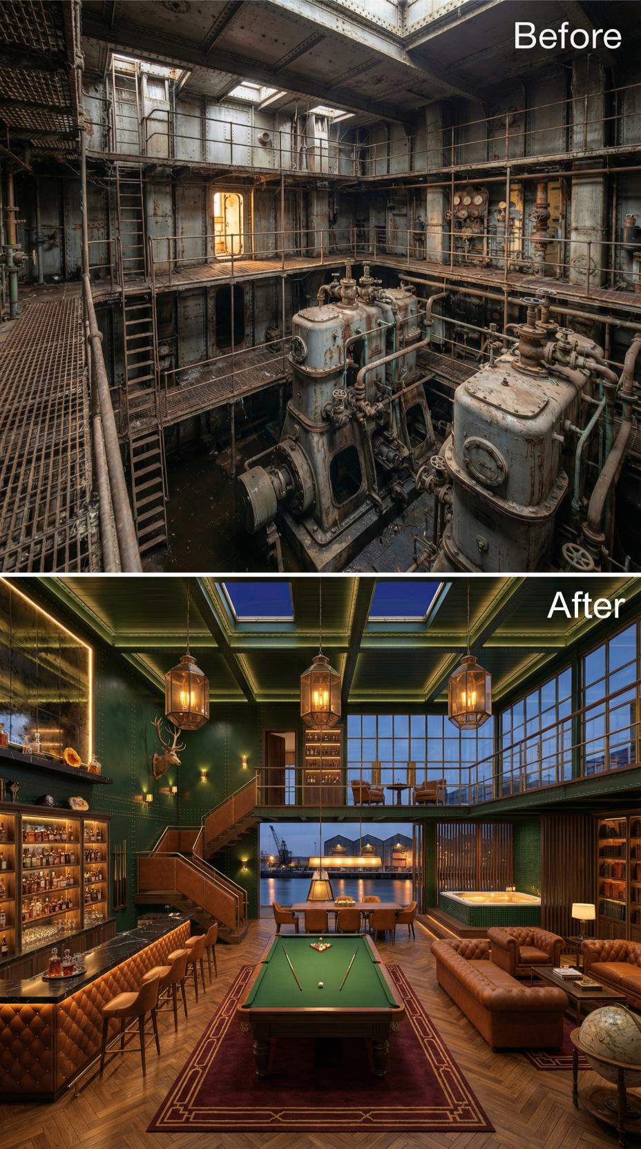 Billiard Table, Bar Shelves, and a Harbor View Fill the Reclaimed Engine Pit