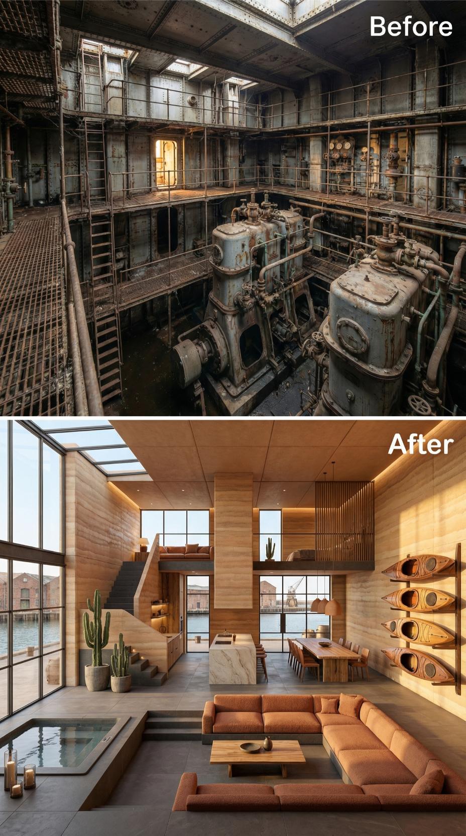 Sunken Hot Tub, Wall-Mounted Kayaks, and Warm Sandstone Reclaim a Rusted Engine Pit