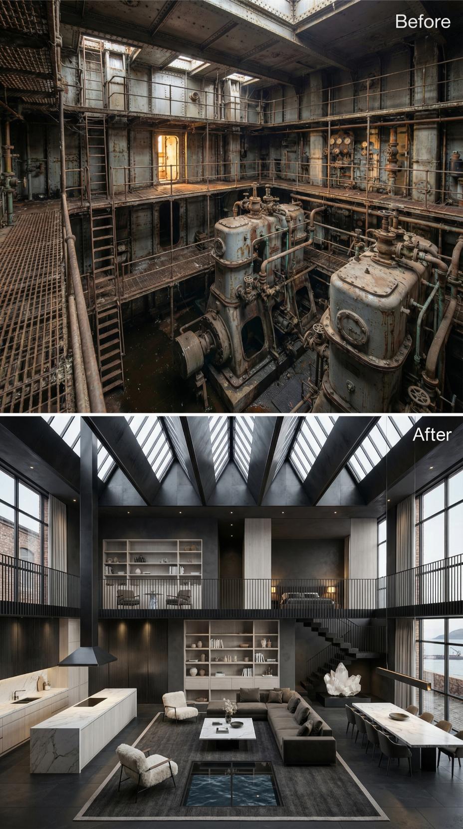 Mezzanine Rails, Skylights, and Black Steel Reclaim a Corroded Engine Pit