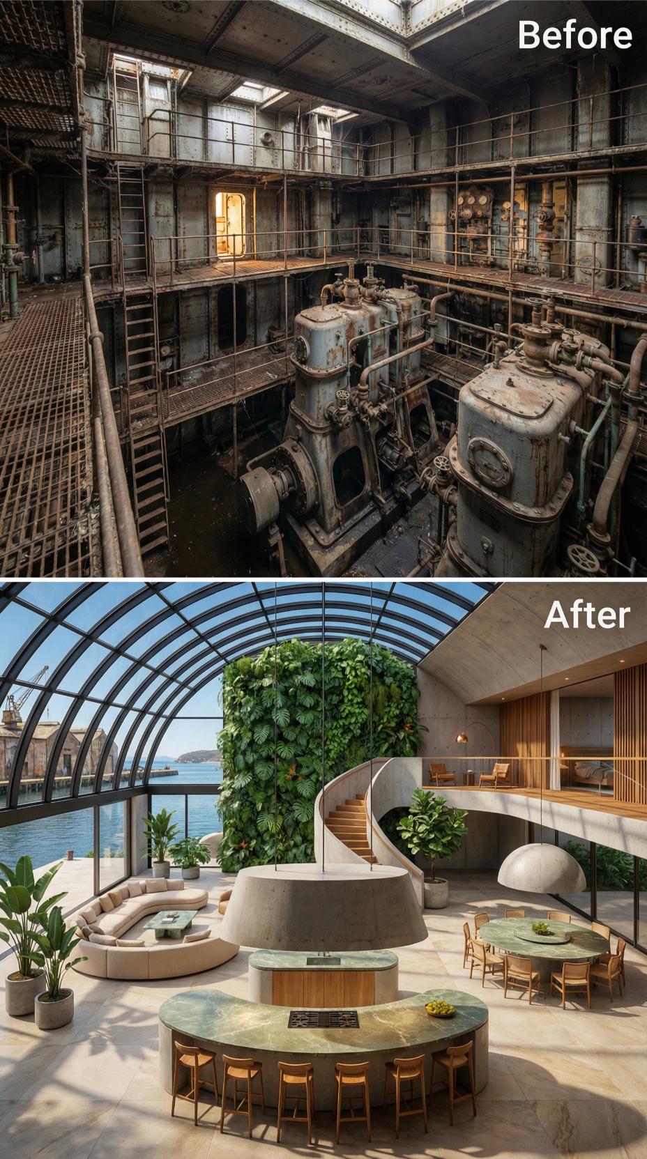 Curved Green Marble, a Living Wall, and Harbor Glass Reclaim the Engine Pit