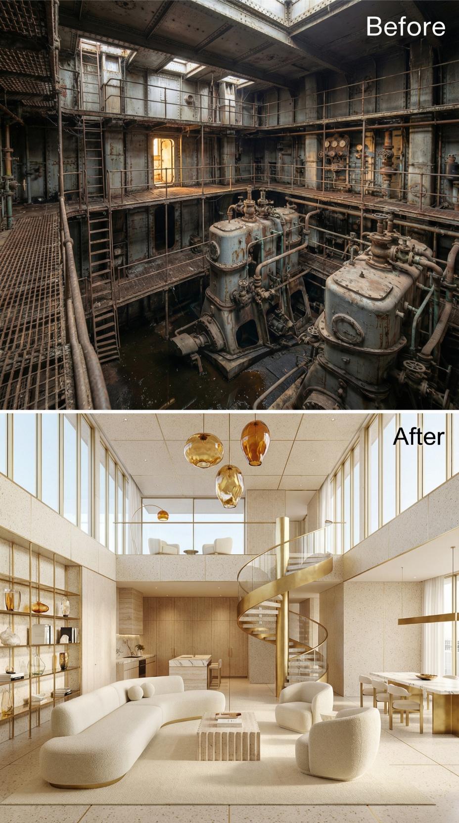 Spiral Brass Staircase and Amber Glass Pendants Reclaim a Rusted Engine Pit