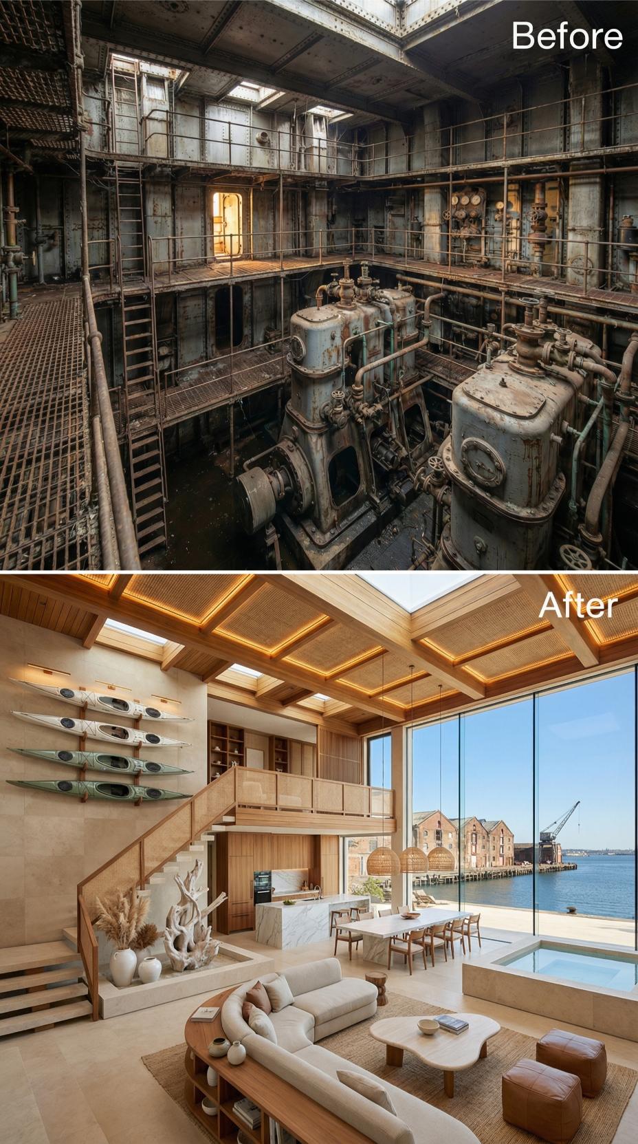 Kayaks Rack the Wall While Skylights and Teak Panels Claim the Engine Pit