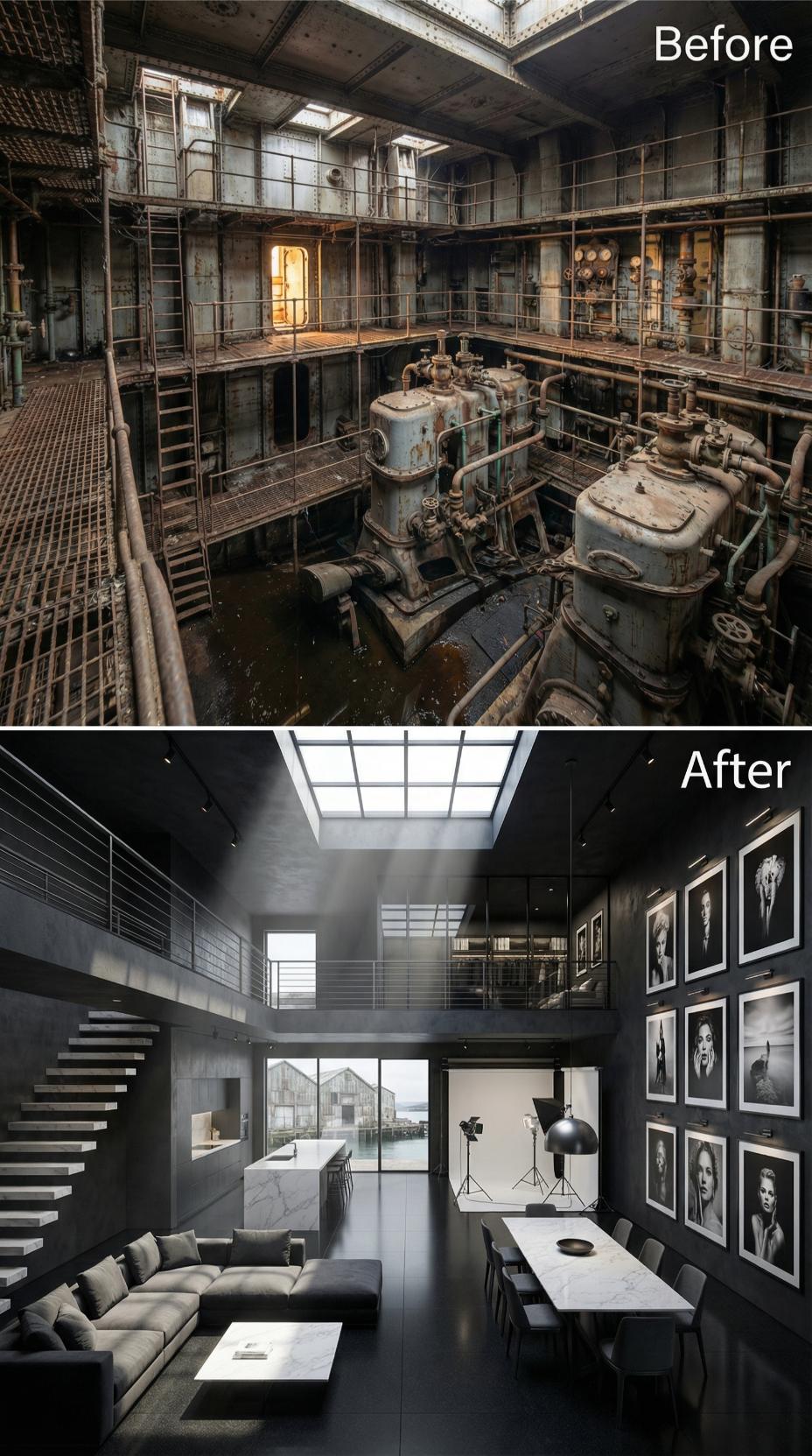 Black Steel Rails, Marble Surfaces, and Gallery Walls Claim the Rusted Engine Pit