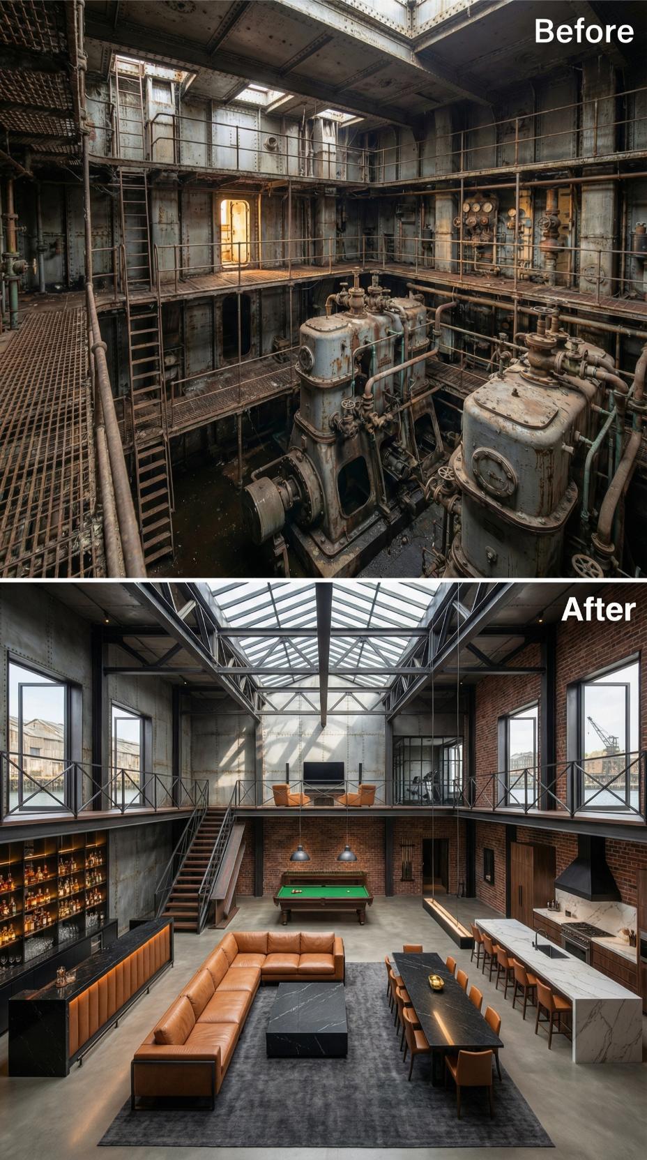 Leather Sectional, Pool Table, and Skylights Reclaim the Rusted Engine Pit