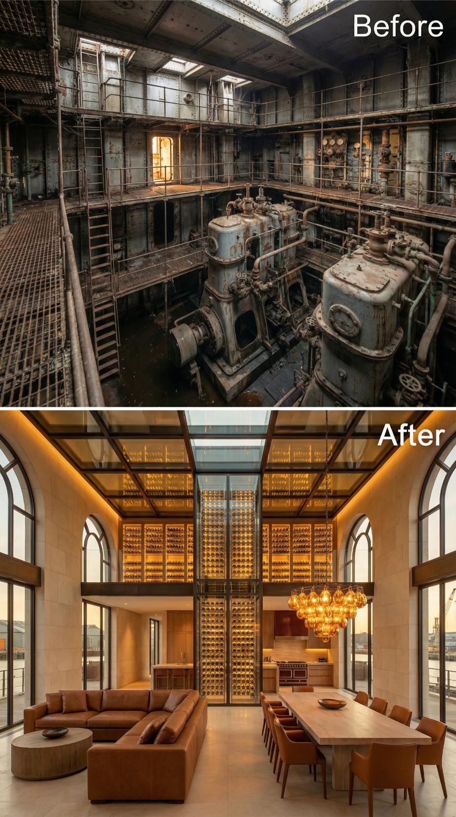 Illuminated Wine Tower, Leather Sectional, and Glass Ceiling Reclaim a Rusted Engine Pit