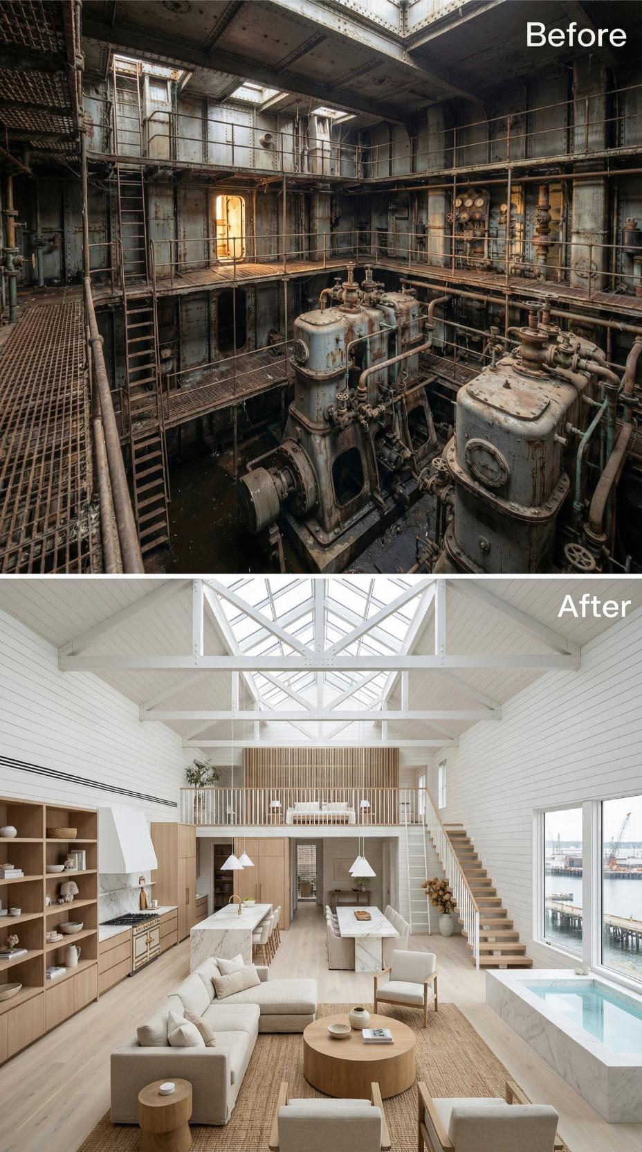 White Oak, Skylights, and Marble Counter a Rusted Engine Pit's Industrial Shell