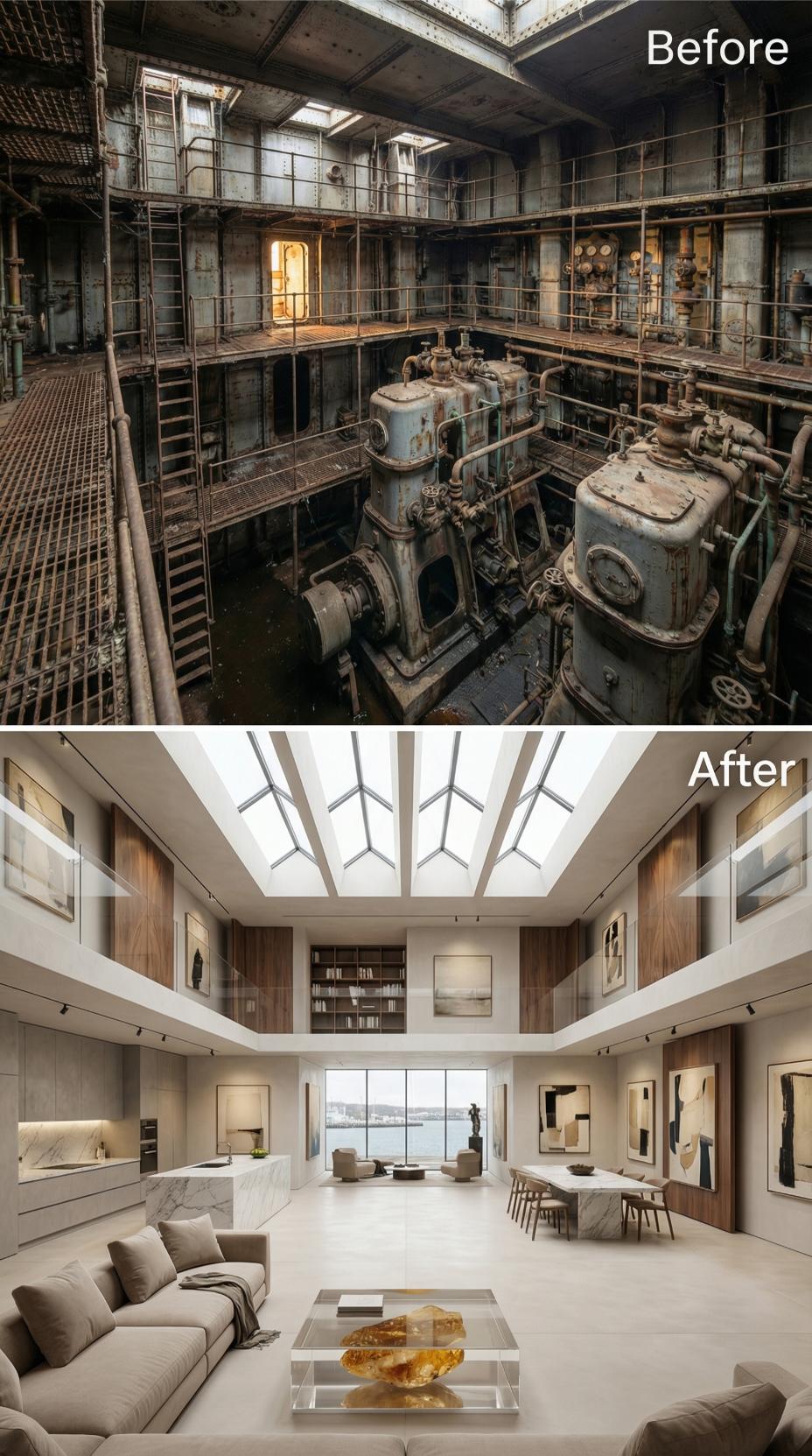 Skylights, Warm Walnut Panels, and White Marble Bury the Rust Below