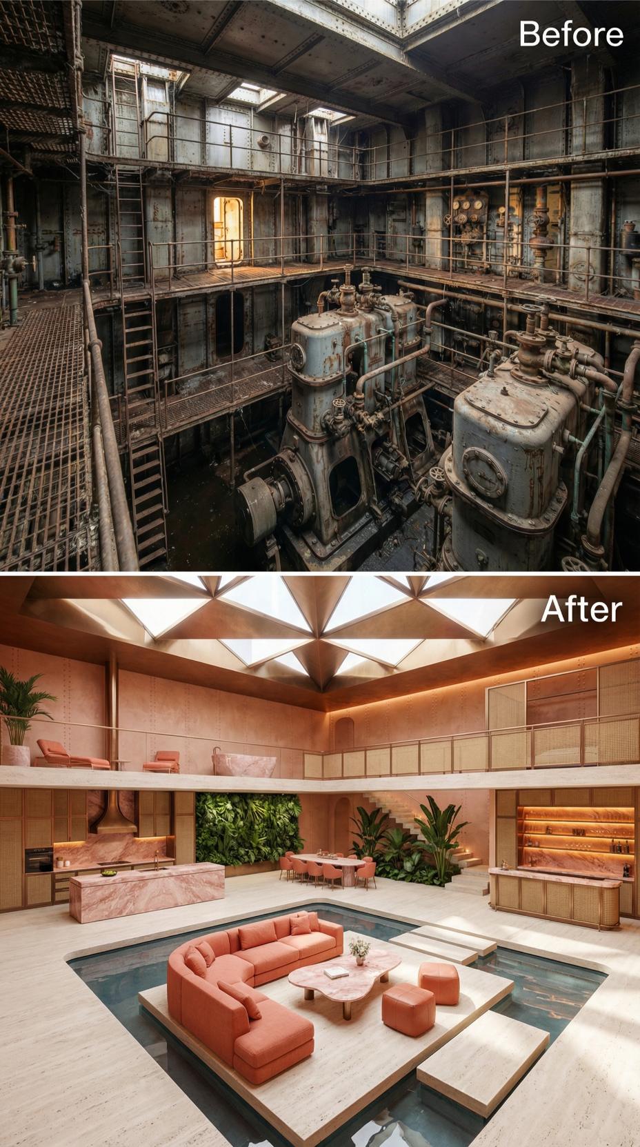 Coral Sectional, Geometric Skylights, and Pink Marble Reclaim the Engine Pit