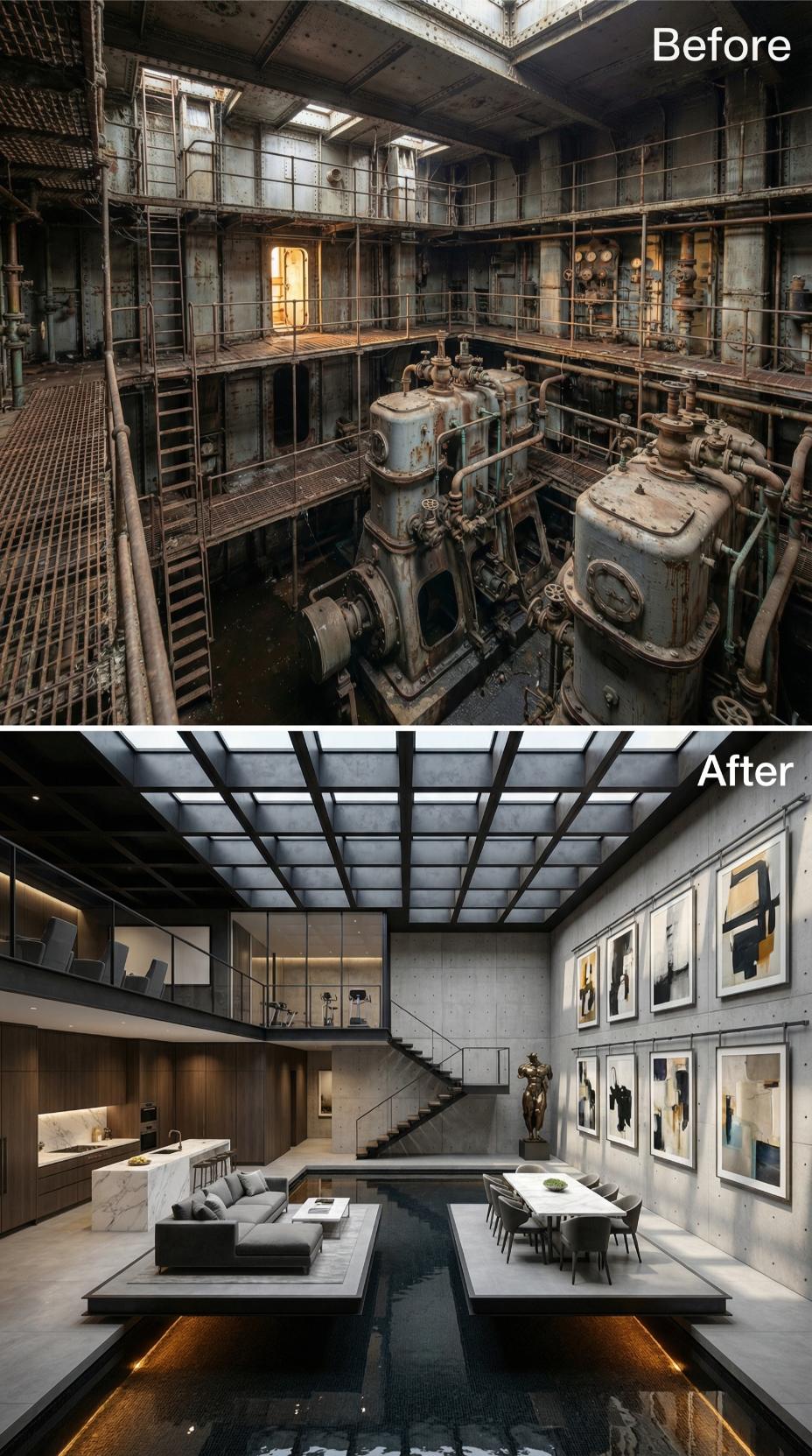 Sunken Living Platform, Glass Ceiling Grid, and Gallery Wall Replace the Engine Pit