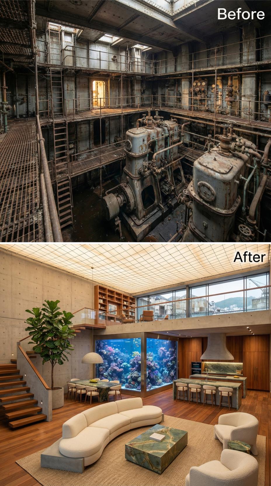 Coral Reef Aquarium, Curved Bouclé Sectional, and Glowing Ceiling Grid Occupy the Engine Pit