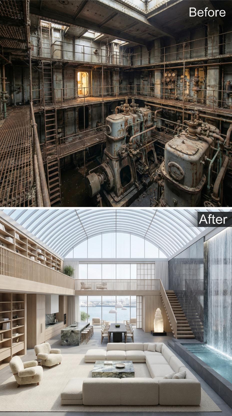 Barrel Vault Glass, Bouclé Sectional, and Indoor Waterfall Overtake the Engine Room Shell