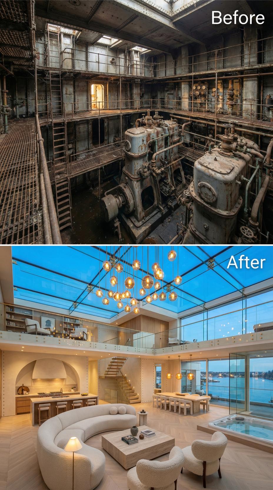 Glass Roof, Bouclé Sectional, and Waterfront Views Bury the Engine Room Below