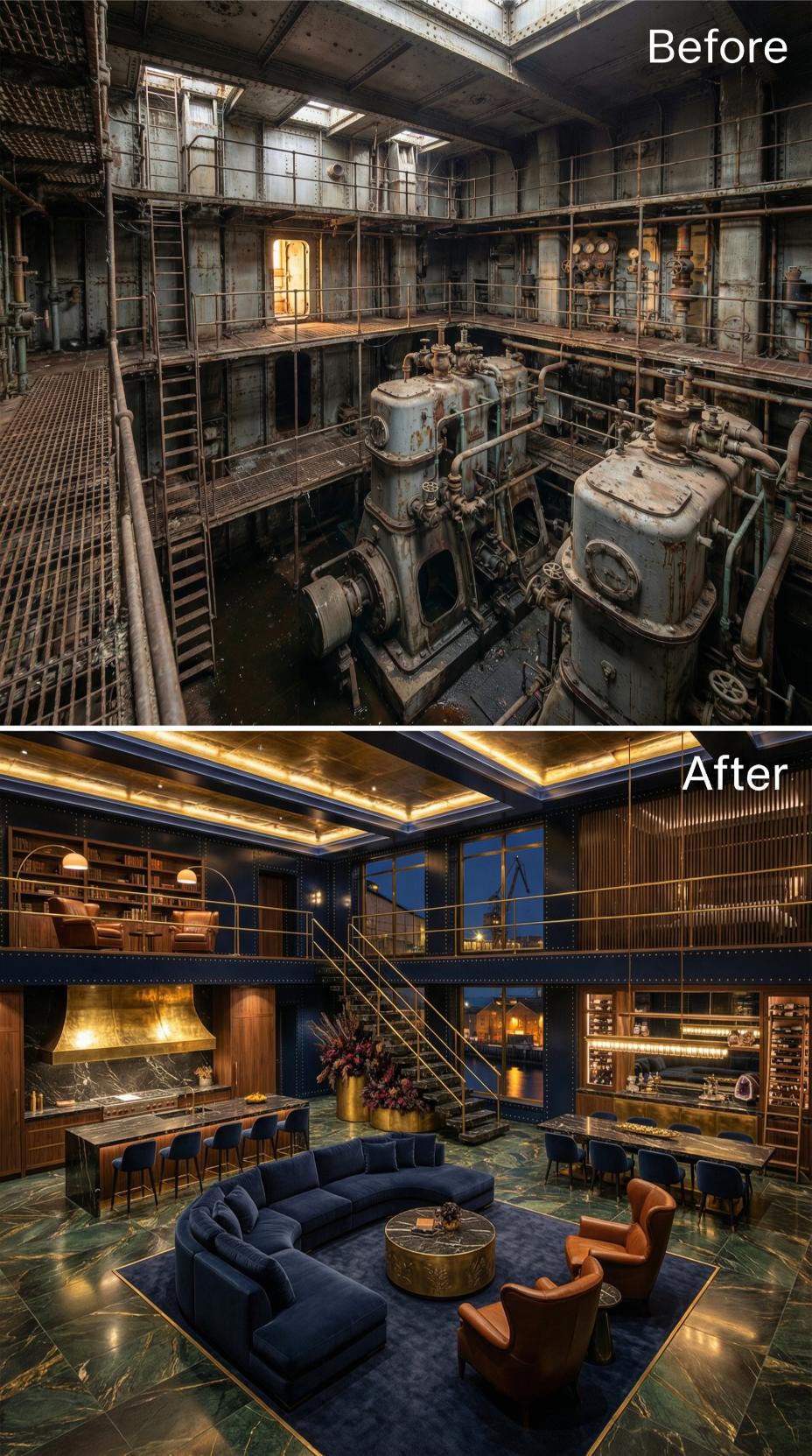 Rust and Machinery Swapped for Velvet, Marble, and Brass Over Two Levels