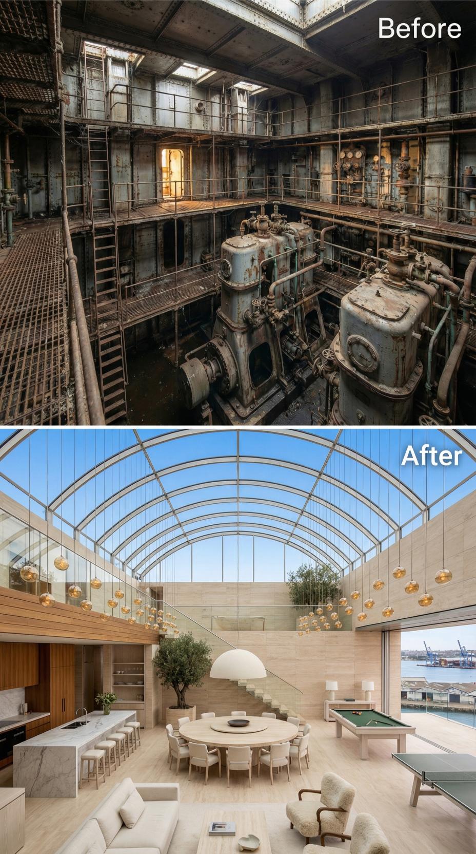 Barrel-Vaulted Glass Roof, Olive Tree, and Travertine Dining Circle Bury the Rust