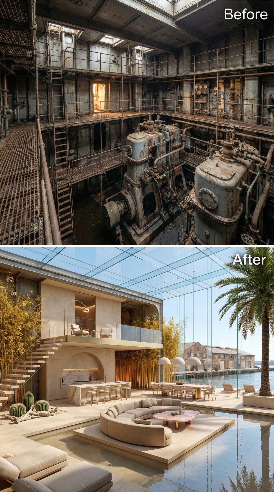 Glass Ceiling Grid, Circular Sectional, and Bamboo Screens Reclaim the Engine Pit