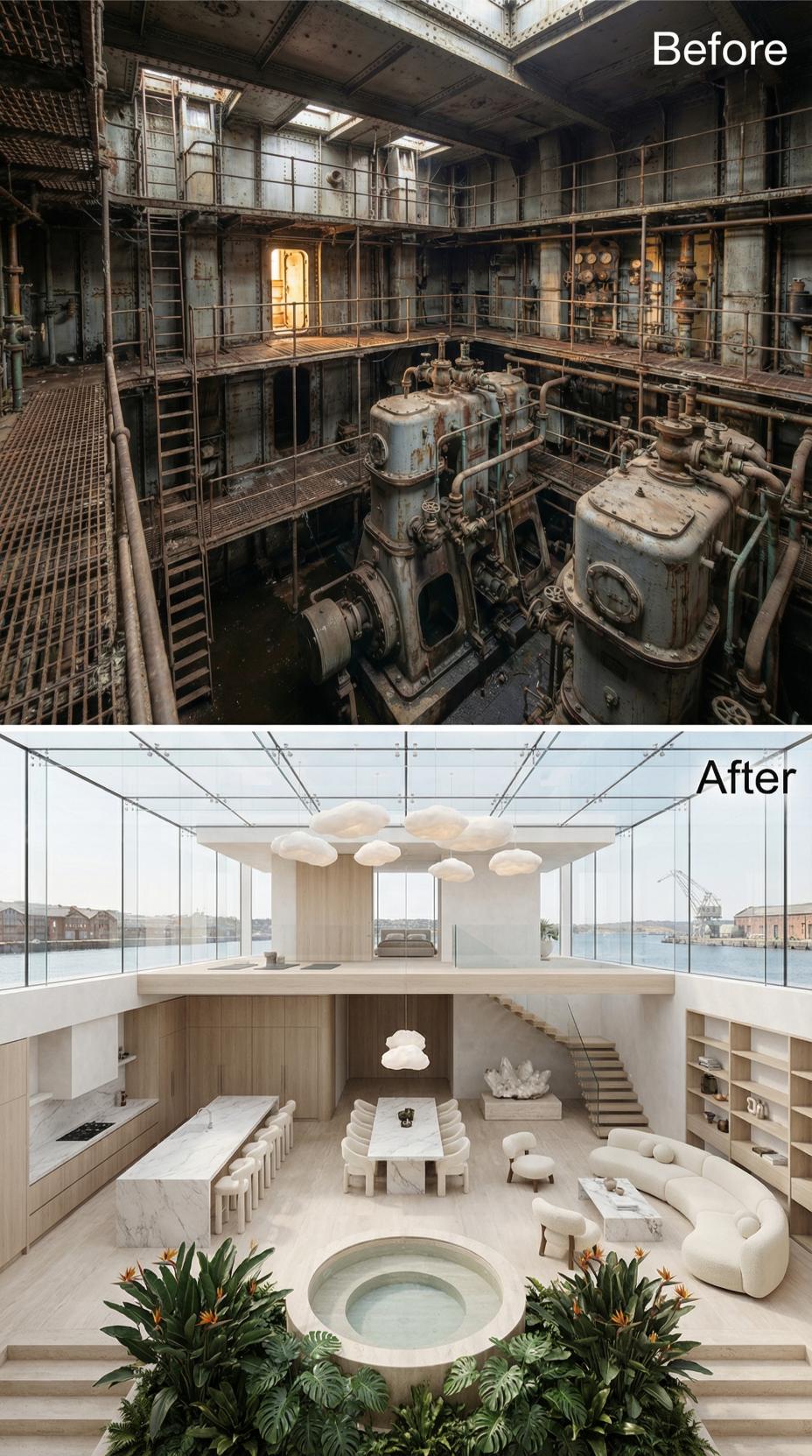 Cloud Pendants, Circular Plunge Pool, and Glass Walls Erase the Engine Room Floor