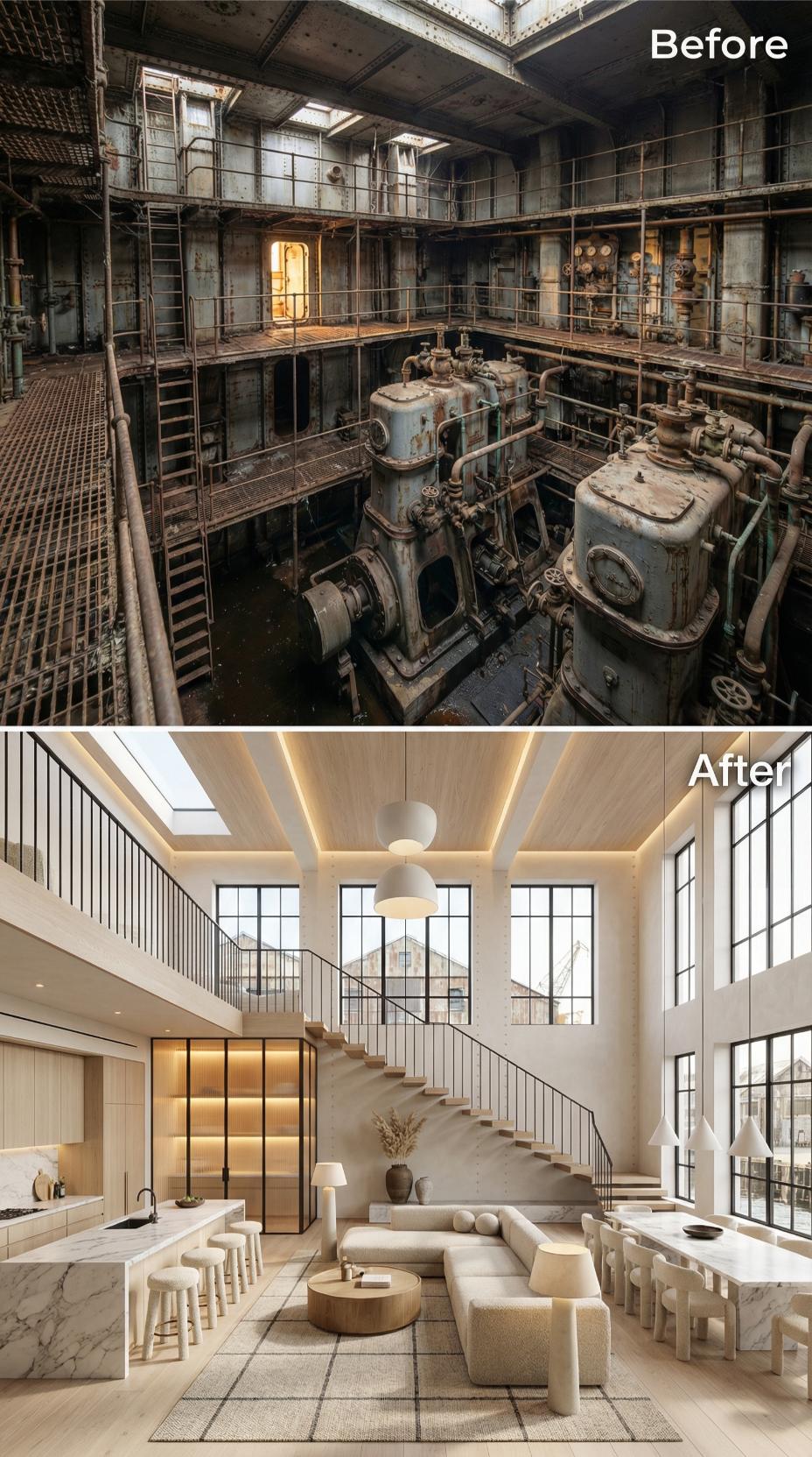 Cream Bouclé and Marble Replace the Corroded Heart of a Decommissioned Engine Room