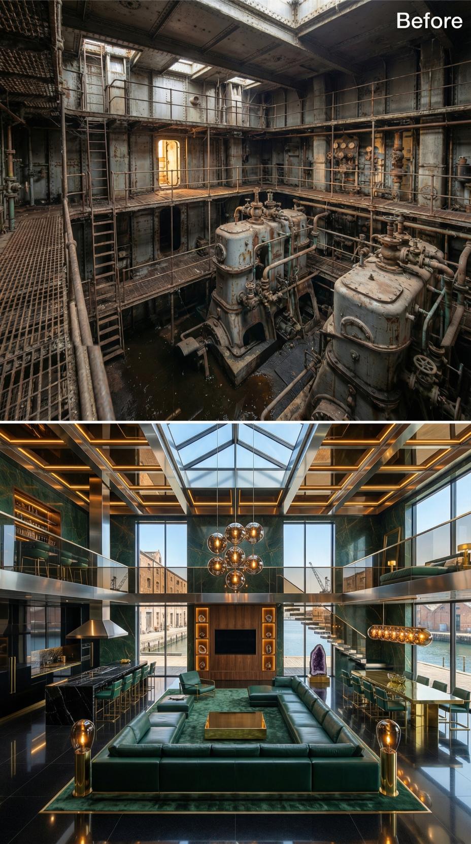 Corroded Engine Pit Rebuilt Into a Green Marble and Brass Living Room