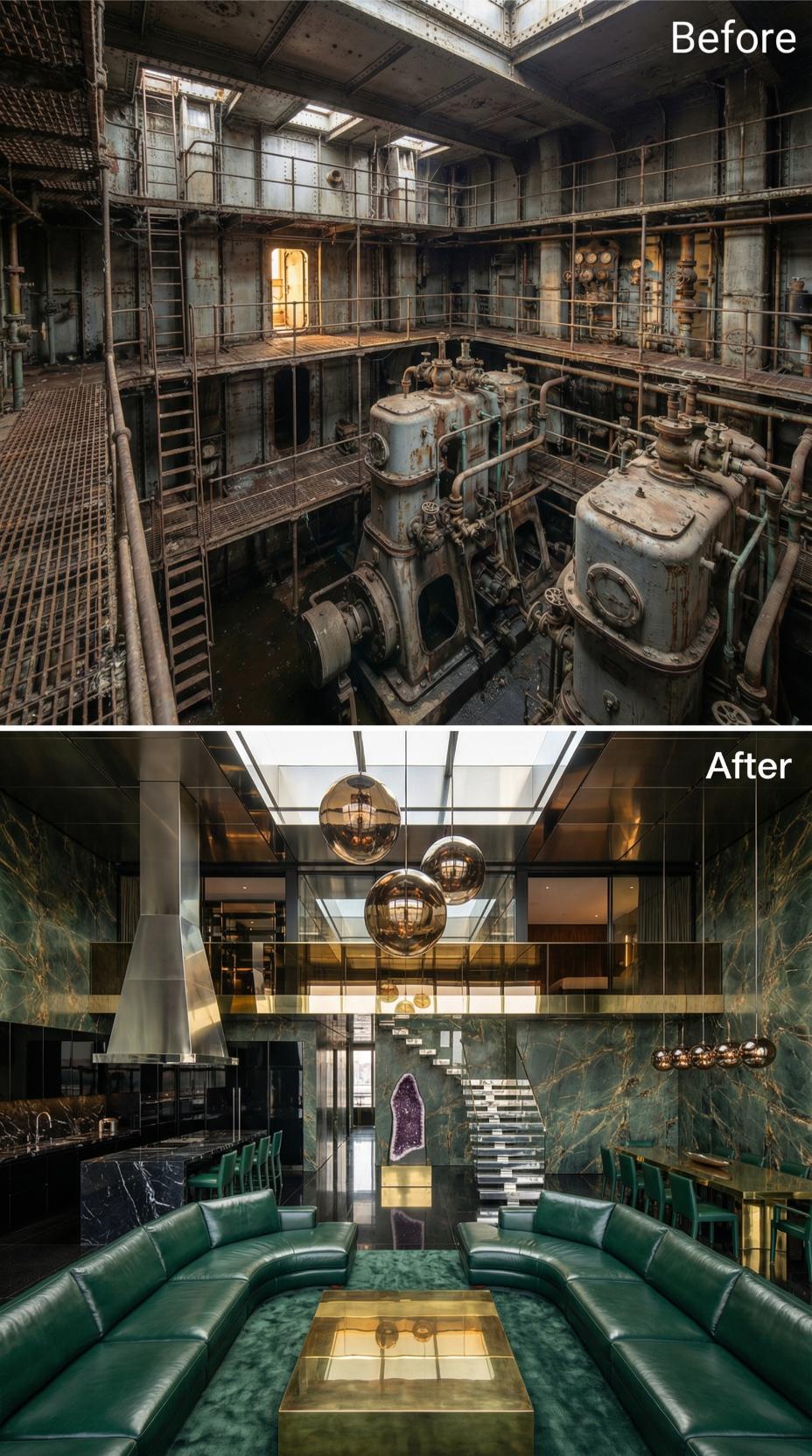 Gold Sphere Pendants and Green Marble Reclaim a Corroded Engine Pit