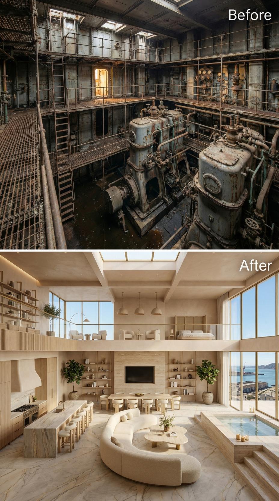 Sand-Toned Marble and Curved Bouclé Reclaim an Abandoned Engine Pit