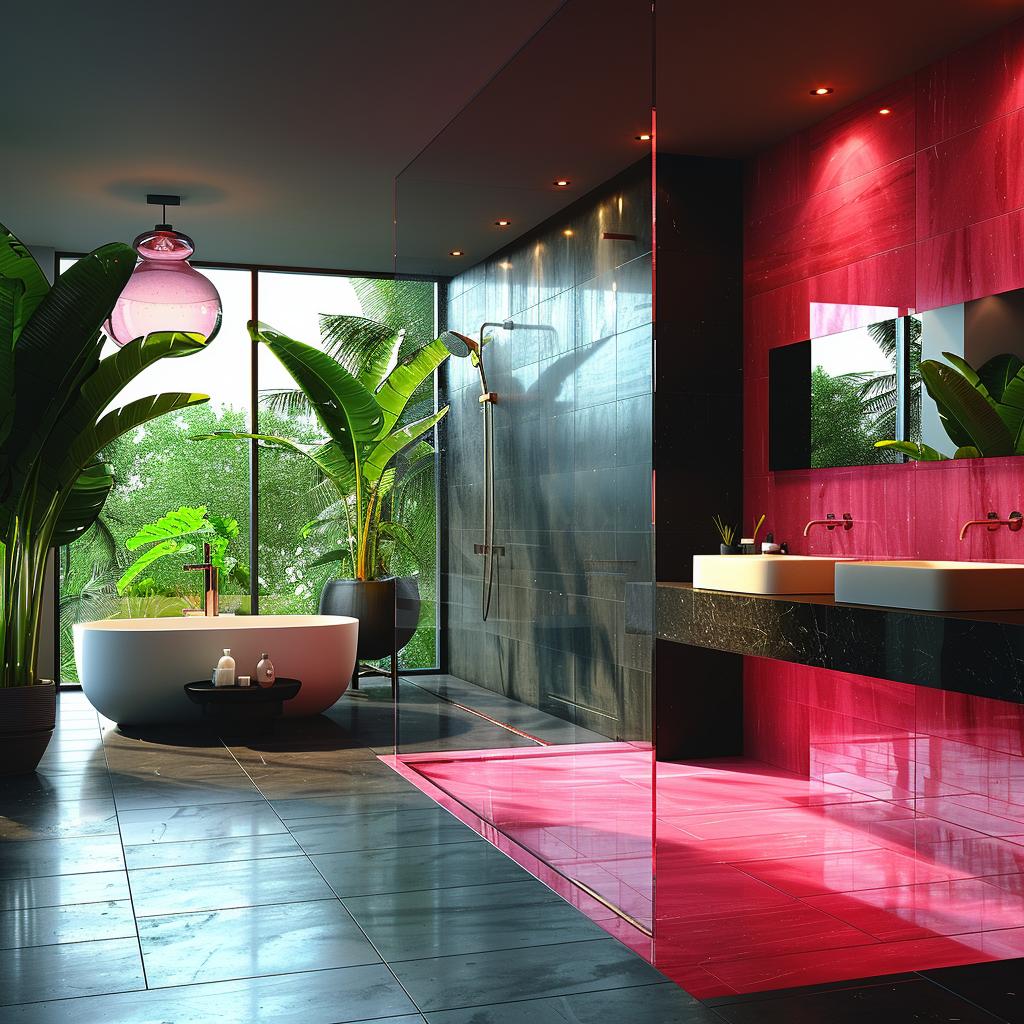 Fuchsia Stone Walls, a Glass-Divided Shower Zone, and Dark Slate Keeping It Grounded
