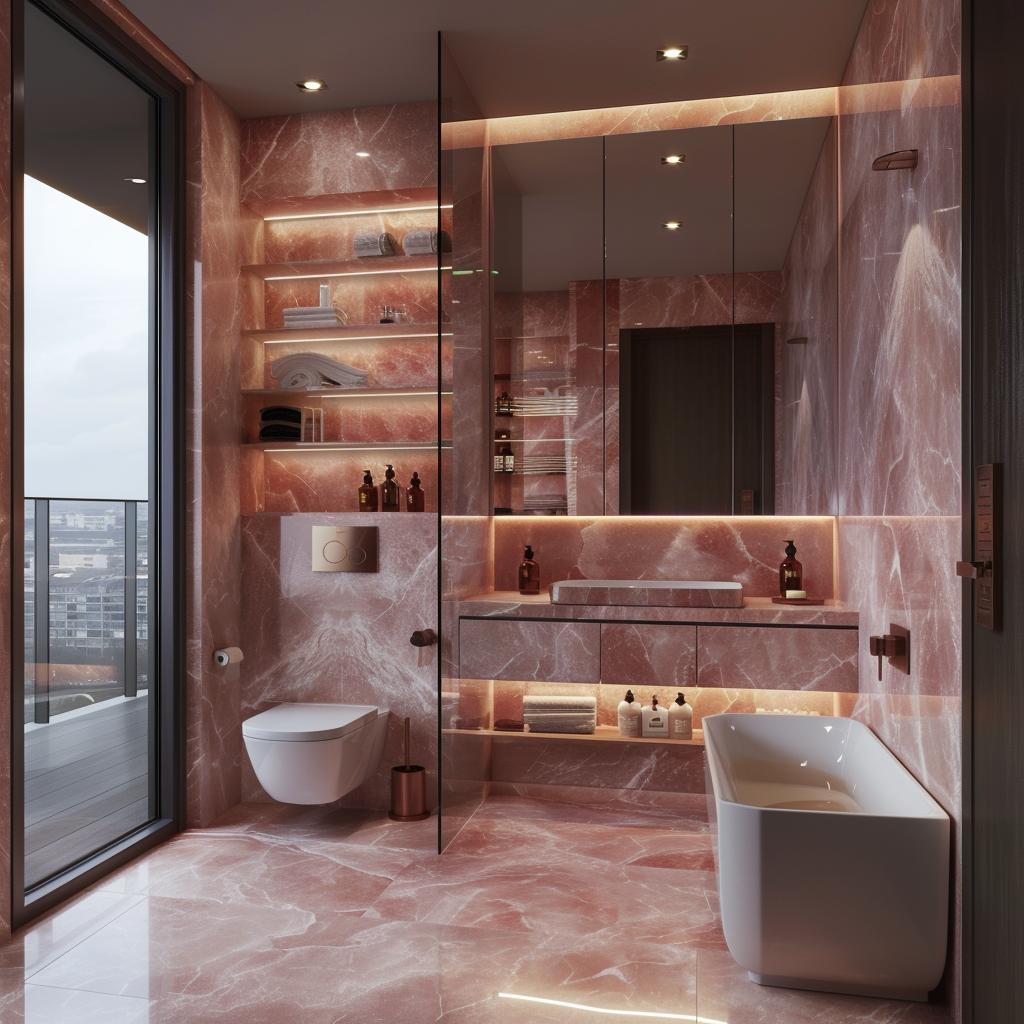 Pink Marble Floor to Ceiling, Recessed LED Shelving, and a Glass Partition Doing Real Work