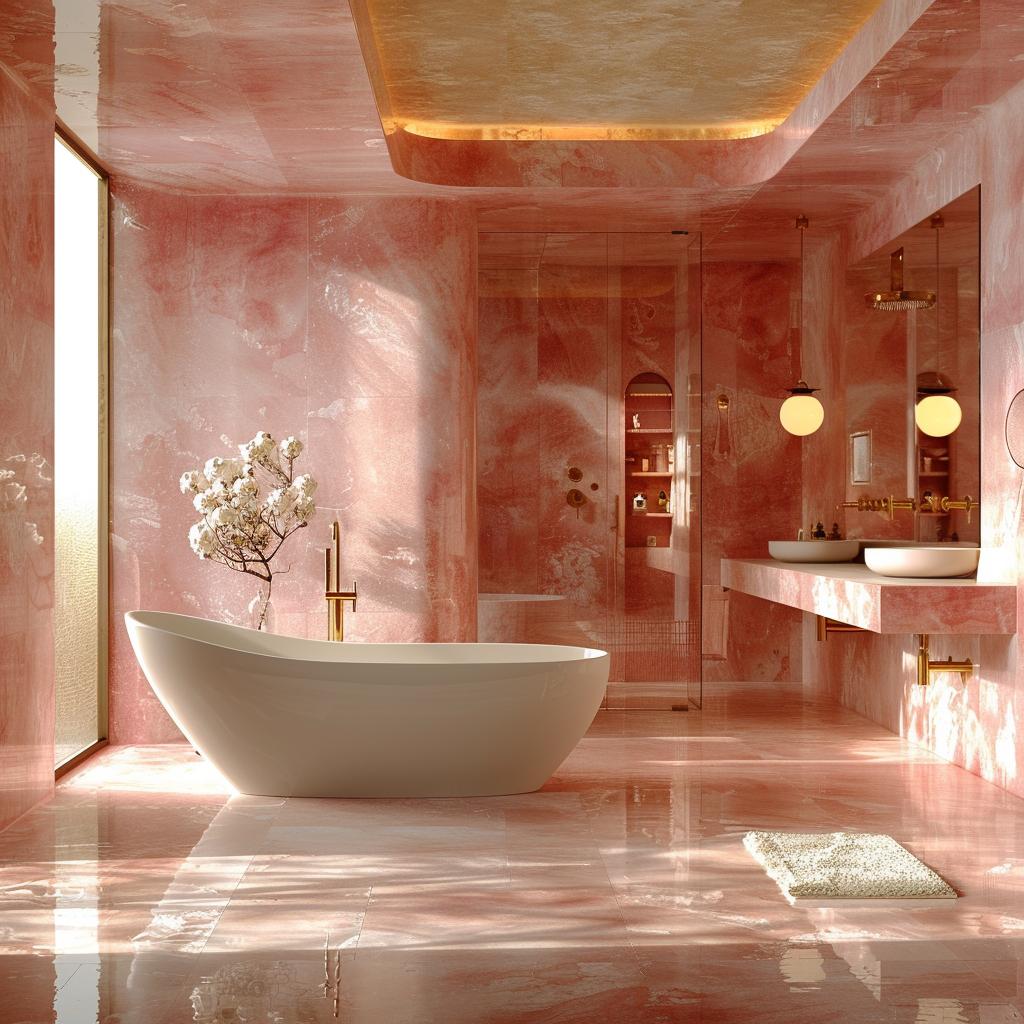 Pink Onyx Floor to Ceiling, Globe Pendants, and Gold Fixtures Carrying the Weight
