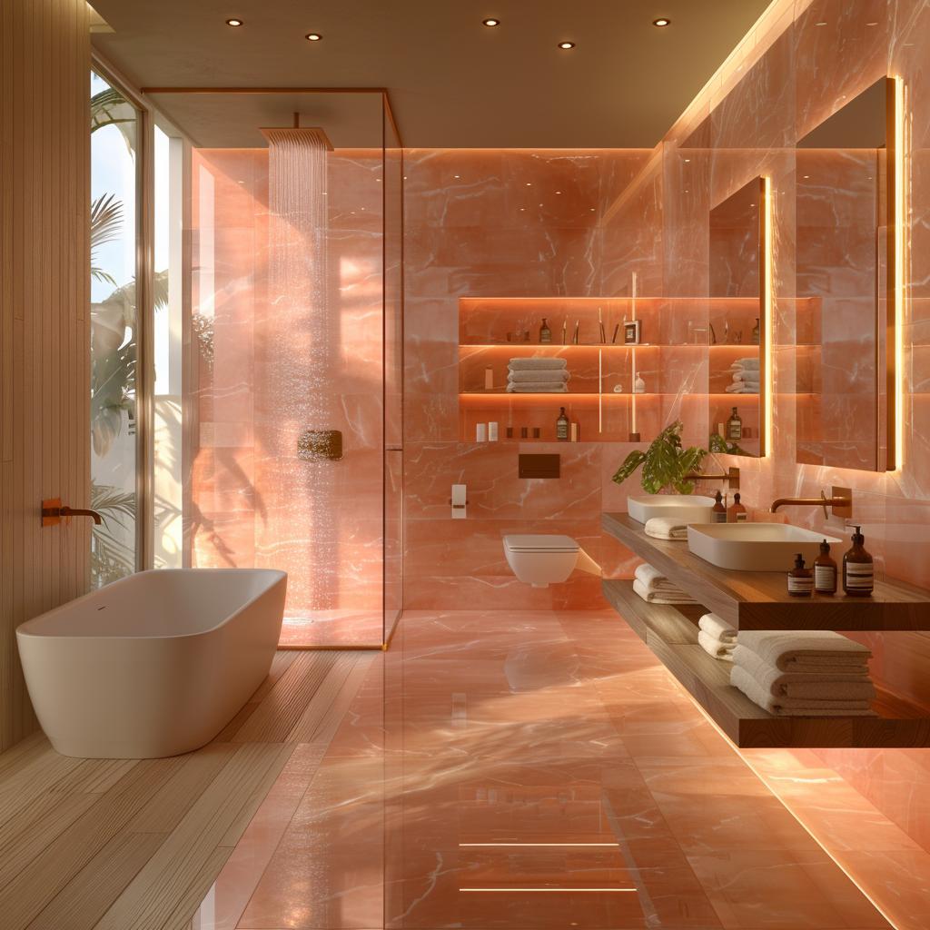 Coral Marble Floor to Ceiling, Warm LED Niches, and Wood Floating Vanity Carrying the Room