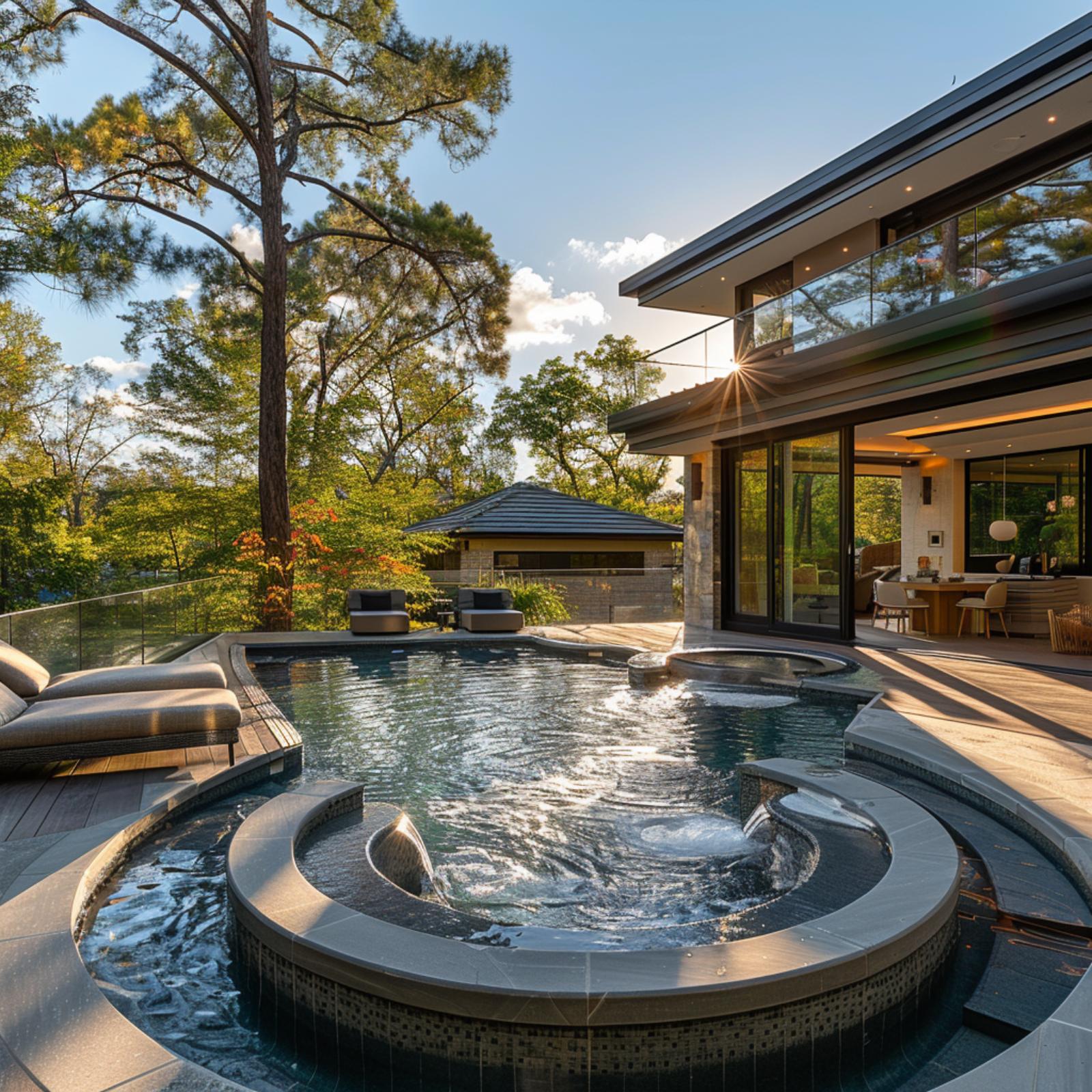 Circular Spa Basin, Glass Rail Perimeter, and Tall Pines That Do the Heavy Lifting
