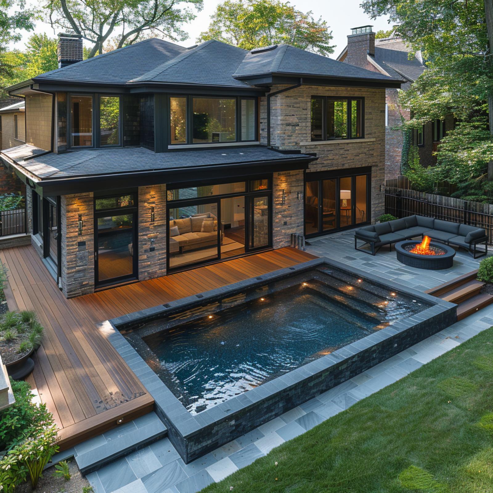Stacked Stone Exterior, Ipe Deck, and a Plunge Pool Lit From Below