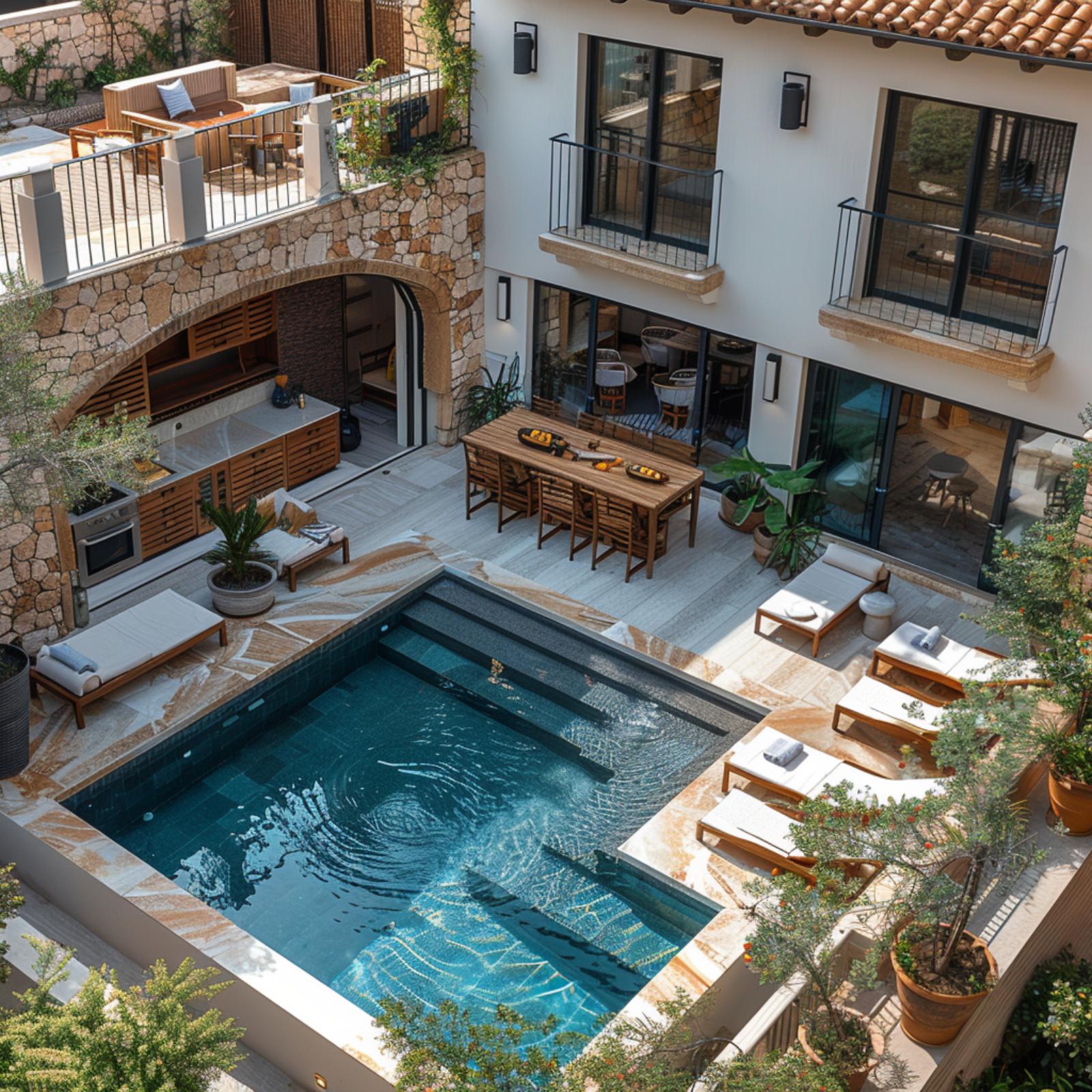 Teak Outdoor Kitchen, Stone Arch Framing, and a Plunge Pool Sunk Into Travertine