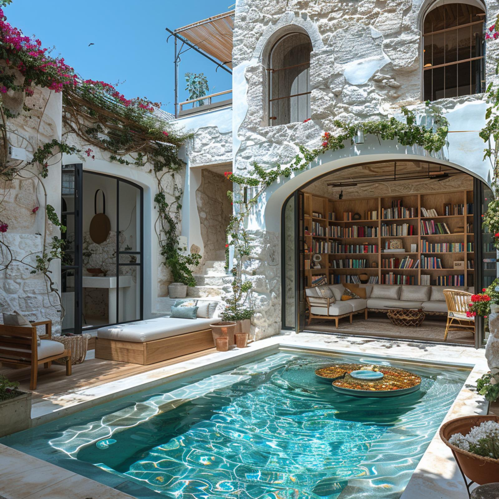 Whitewashed Stone Walls, a Library Visible Through an Arch, and Turquoise Water Below