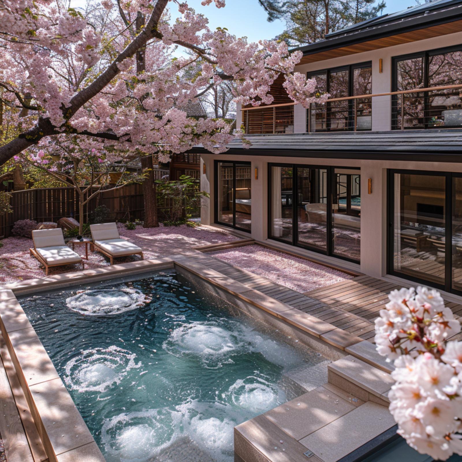Cherry Blossoms, Bubbling Jets, and a Wood Deck Scattered With Pink Petals