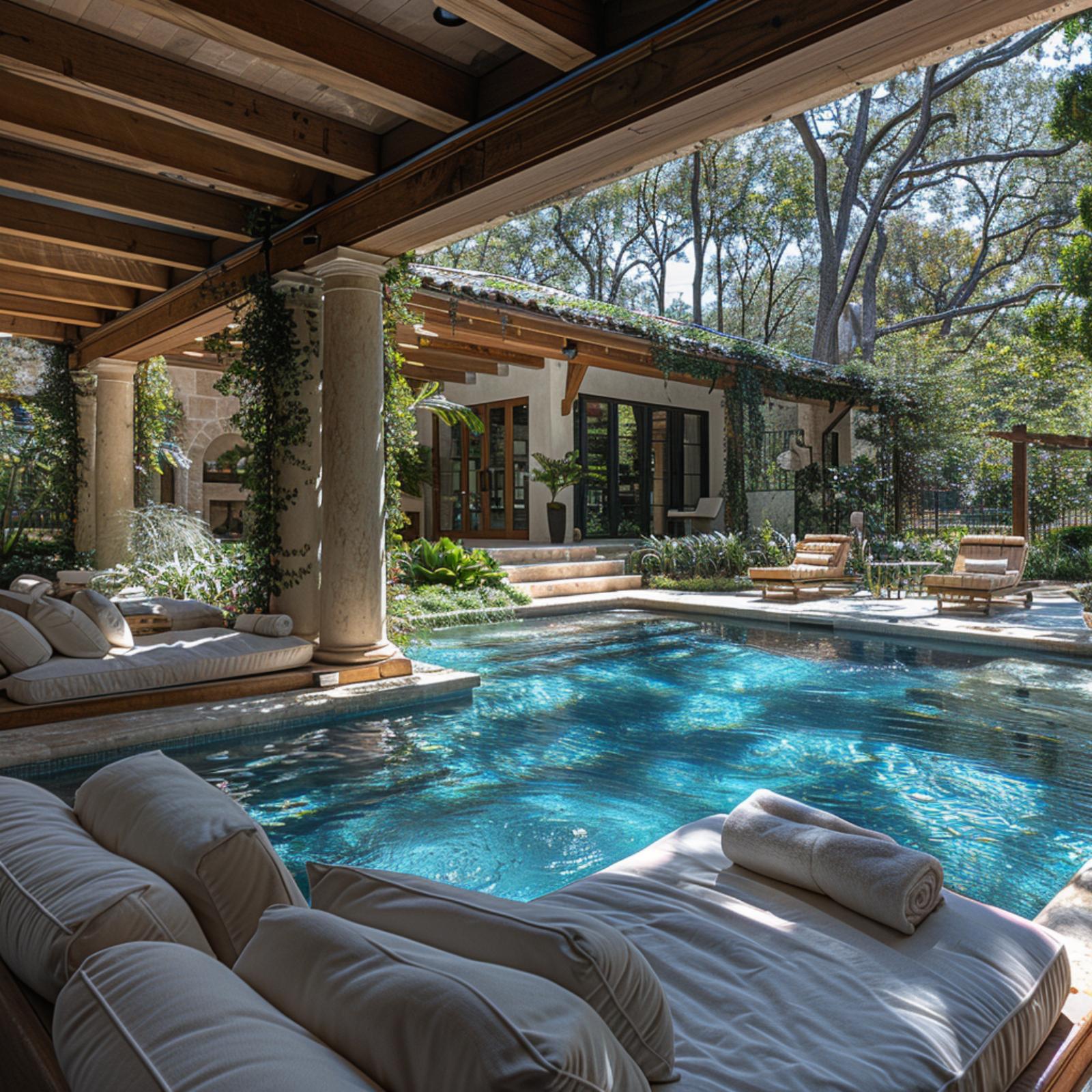 Travertine Steps, Climbing Ivy, and Lounge Beds Parked at the Water's Edge