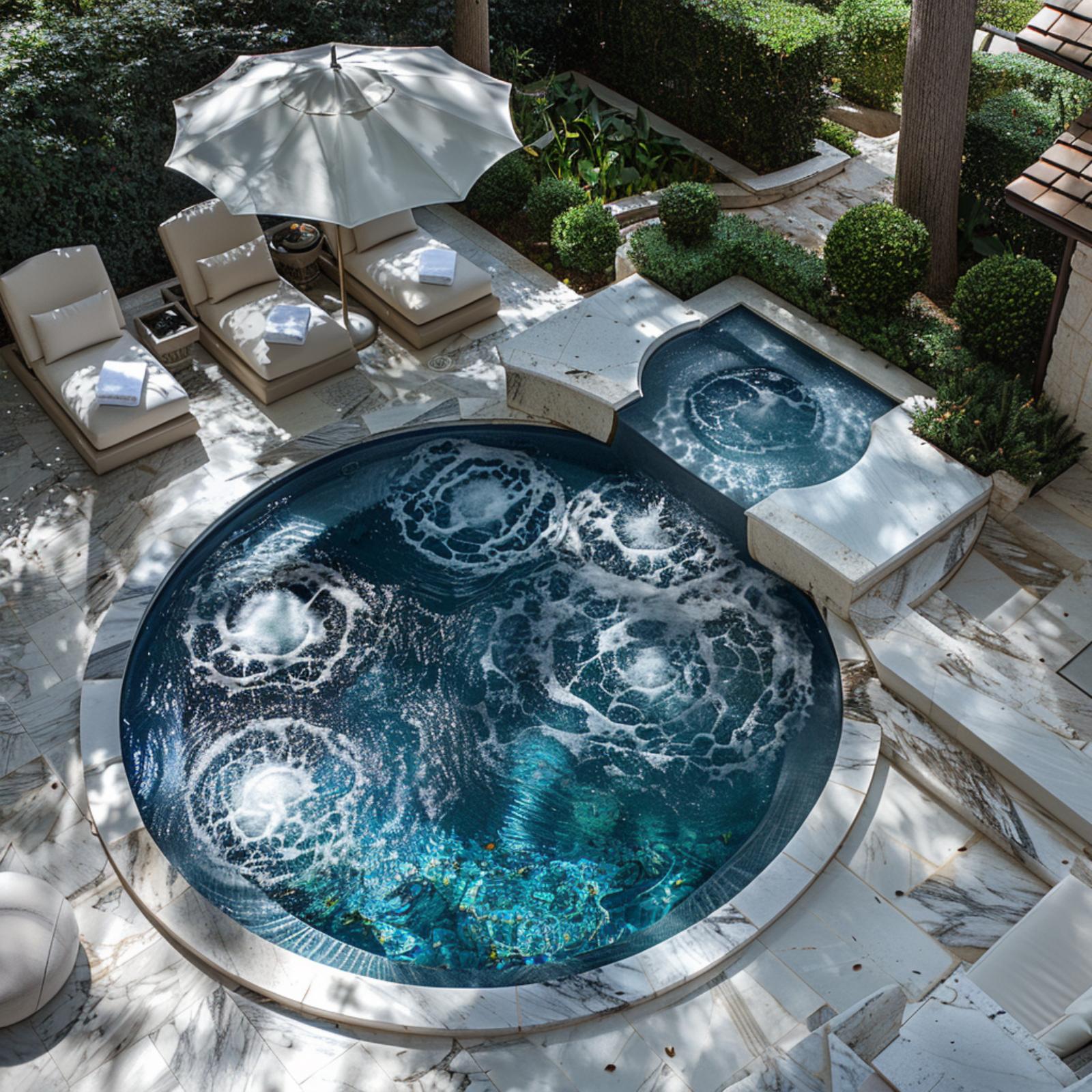 Marble Deck, Active Jets, and a Circular Basin That Commands the Whole Yard