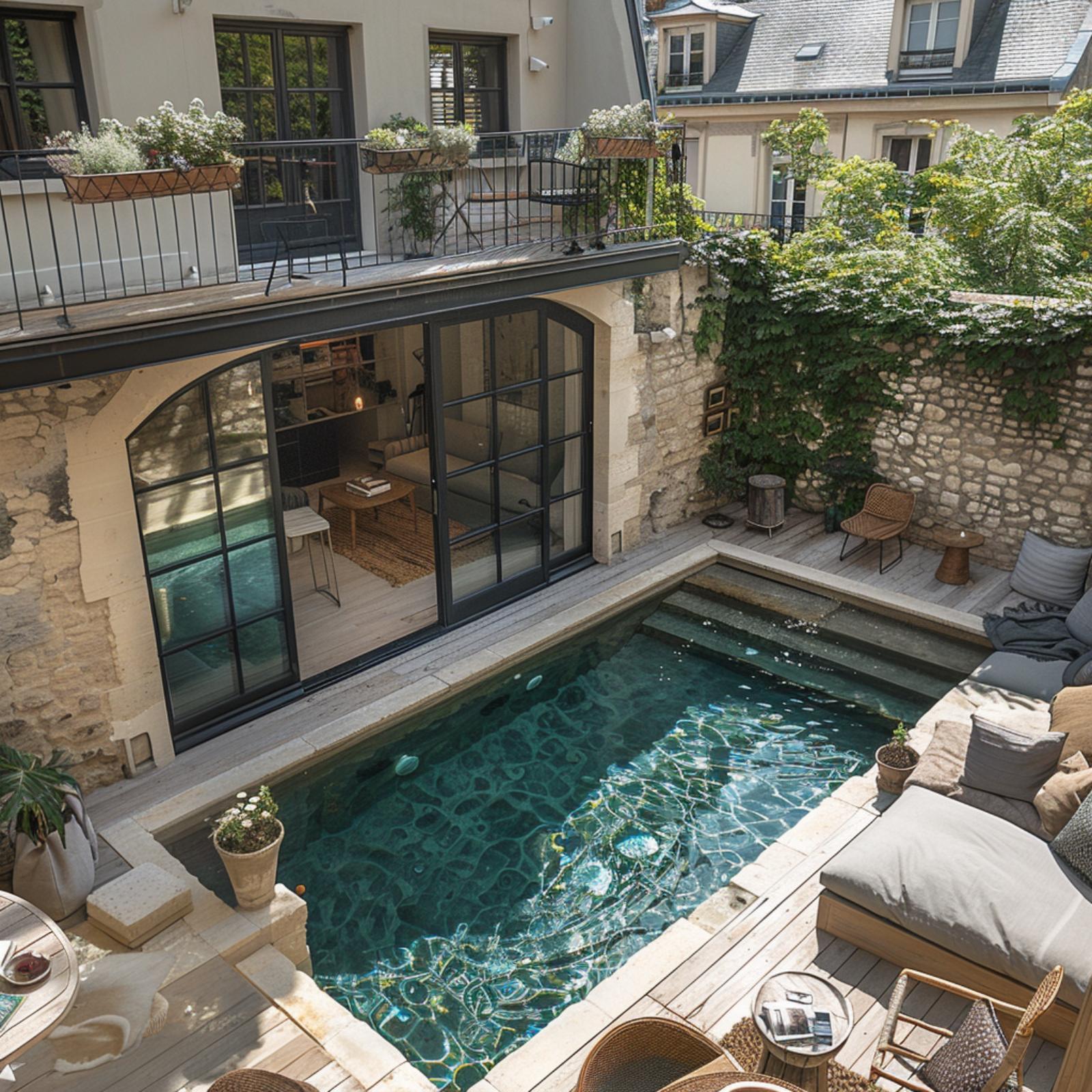 Exposed Limestone Courtyard, Steel-Frame Arched Doors, and a Plunge Pool Tucked Into the Middle of It All