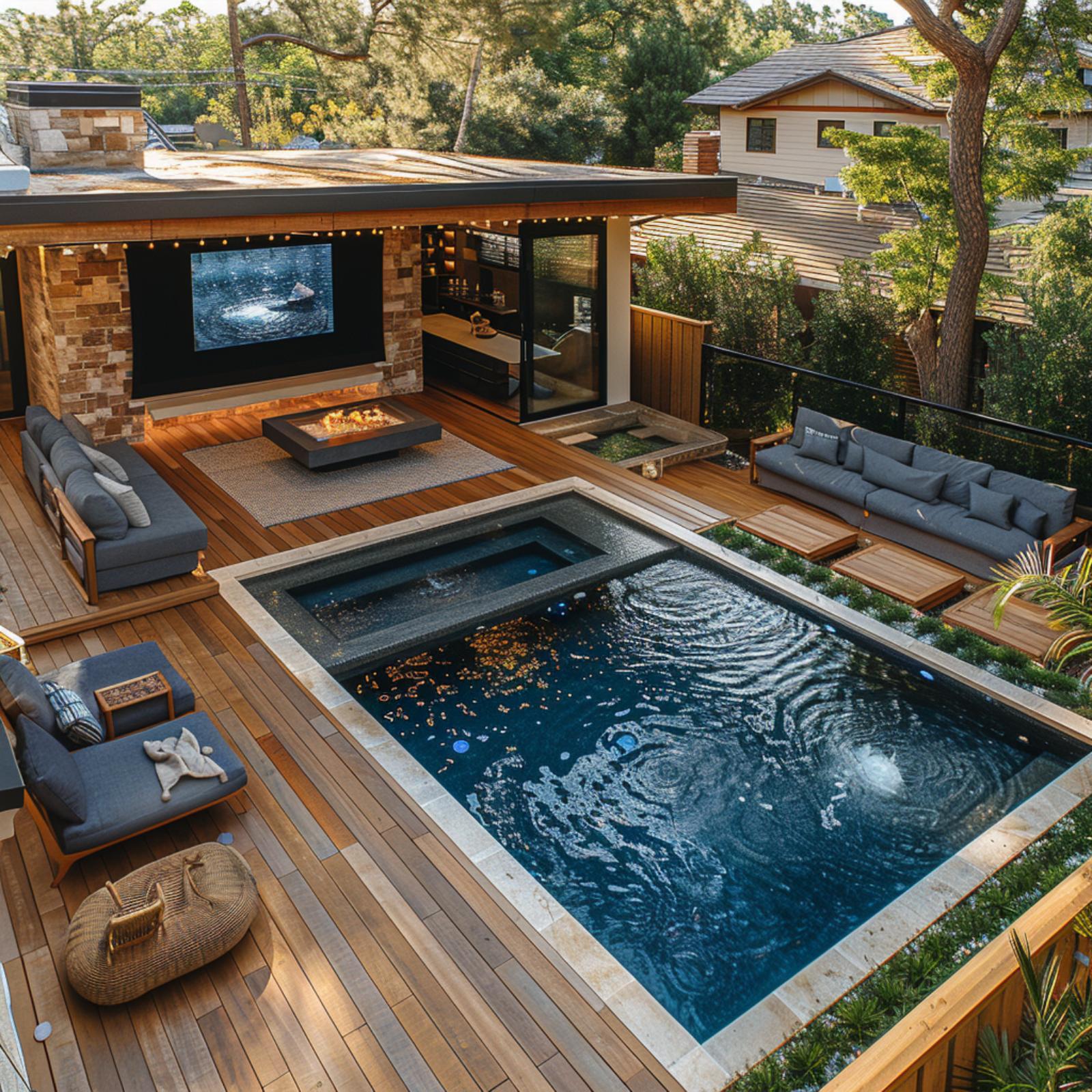 Rooftop Deck Living With a Plunge Pool and Fire Pit at Center Stage
