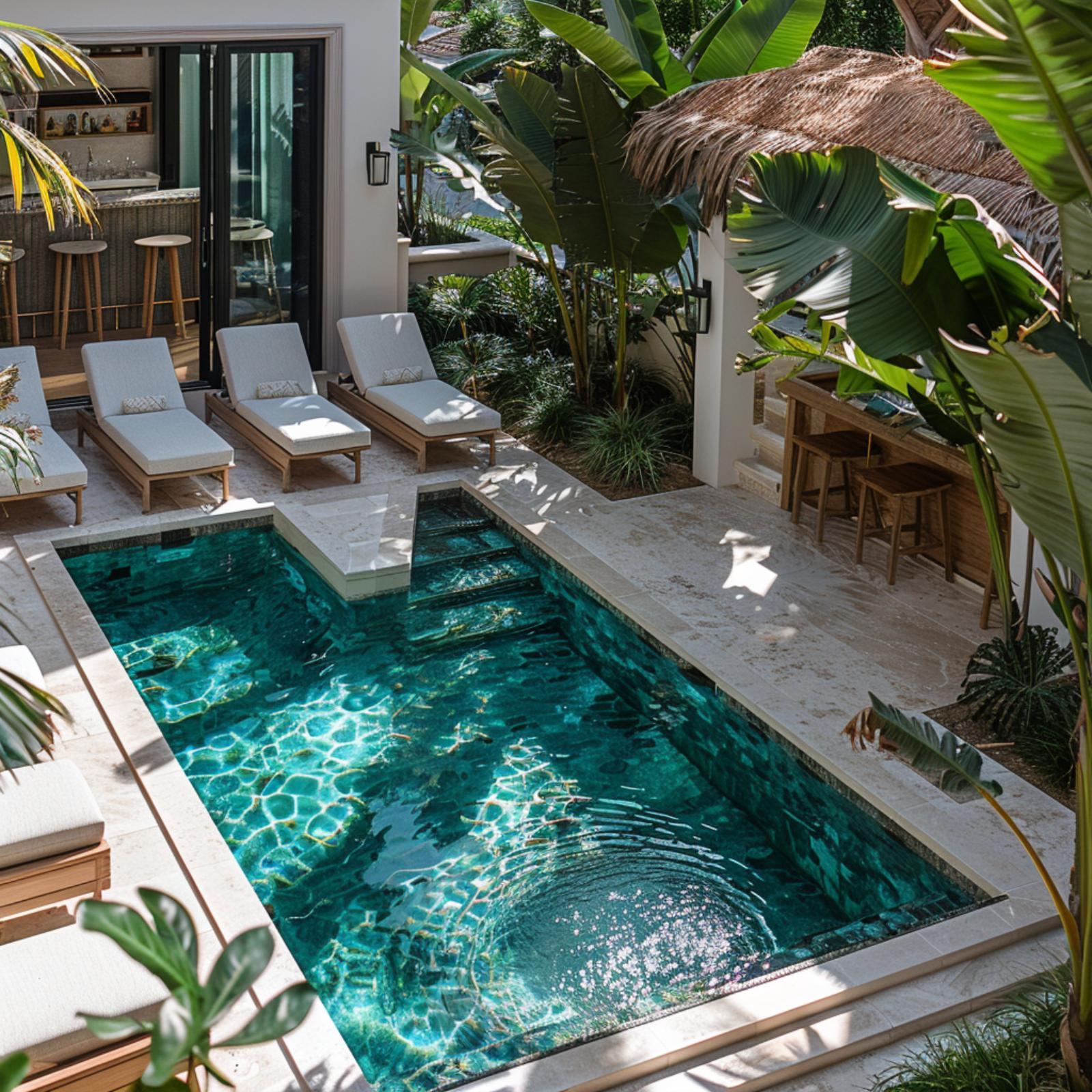 Travertine Coping, Thatched Shade Structure, and a Plunge Pool Framed by Banana Leaf