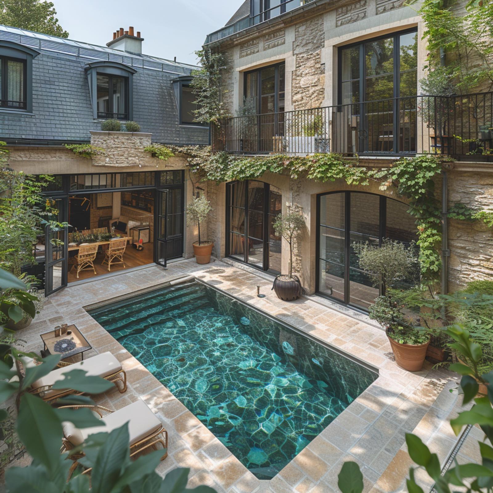 Limestone Courtyard, Climbing Vines, and a Plunge Pool Centered Between Two Buildings