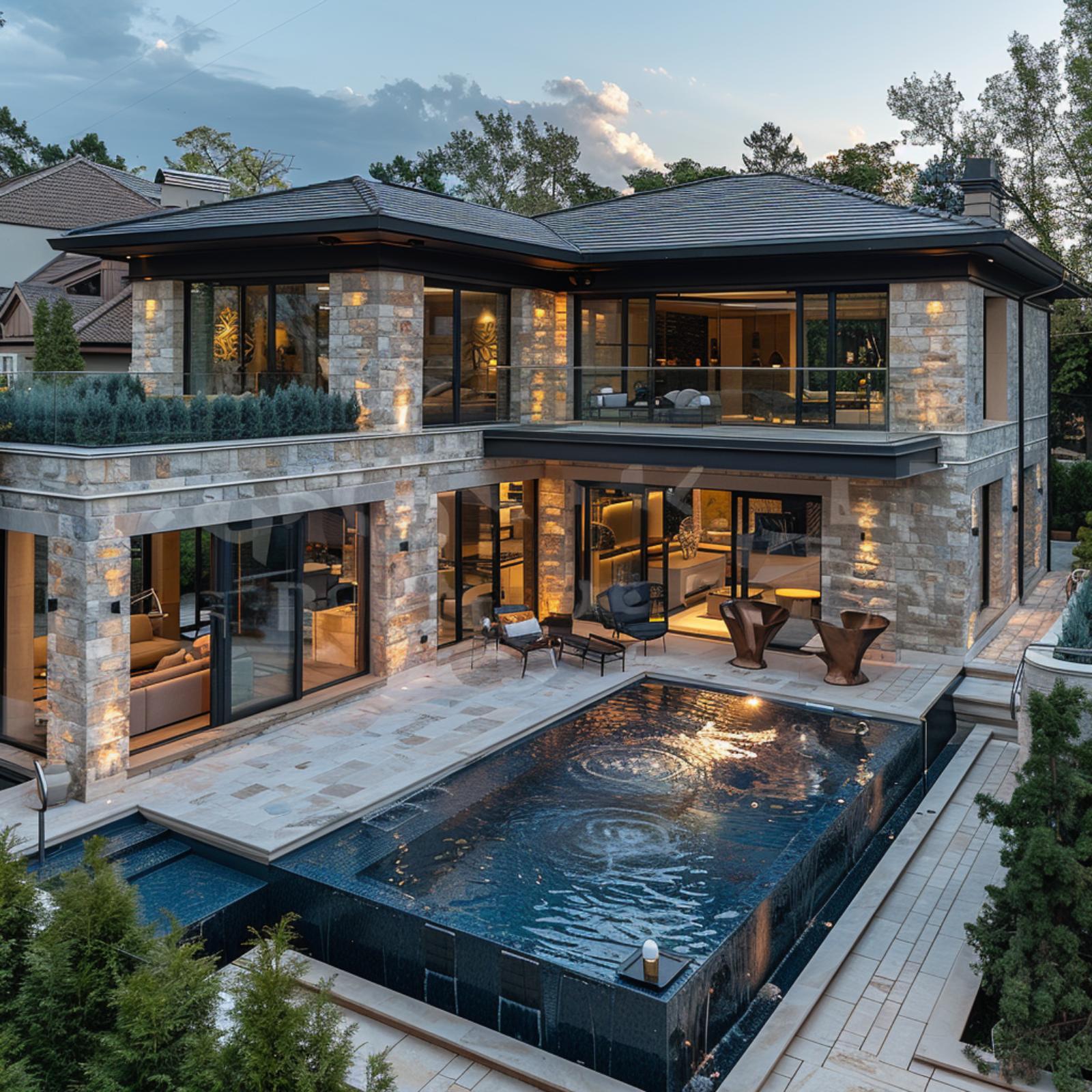 Dark Tile Pool, Glass Walls Lit From Within, and Stone Cladding Across Two Full Stories