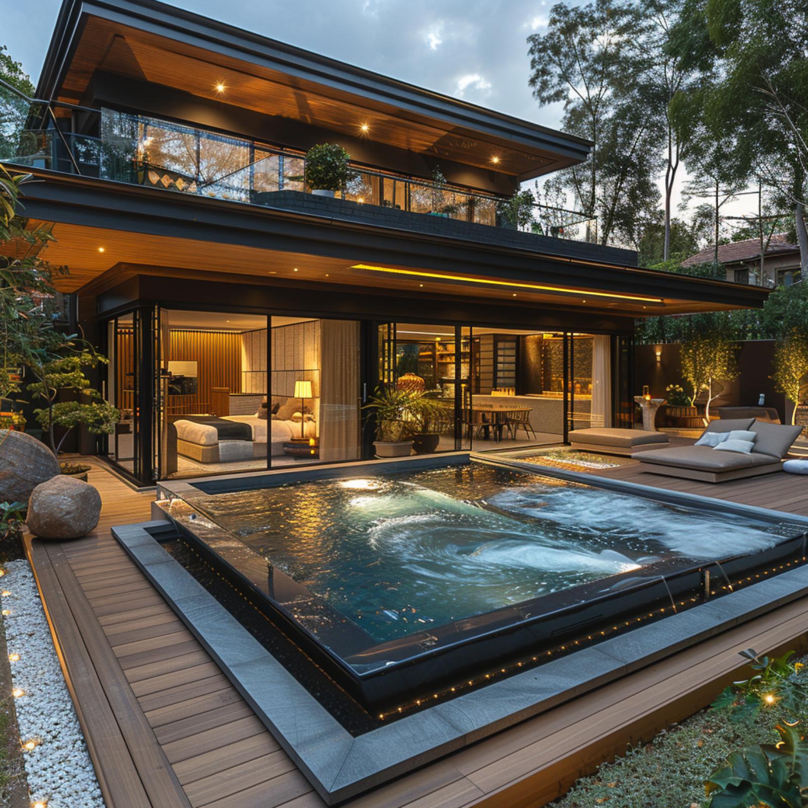 Dark Steel Frames, Warm Cedar Ceilings, and a Bubbling Plunge Pool Raised on Composite Decking