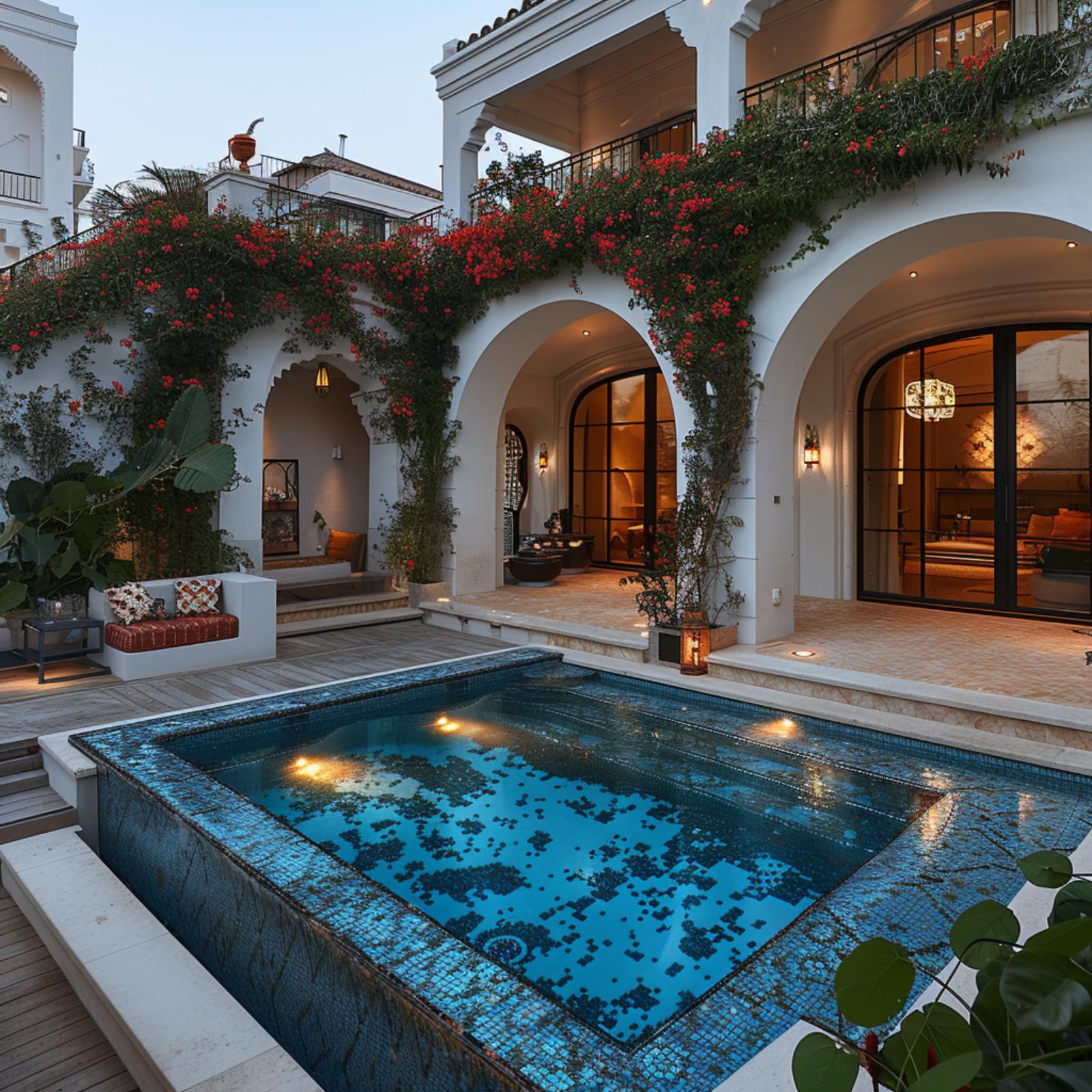 Bougainvillea Cascading Over White Arches, Mosaic Tile Below, and Lantern Light at Dusk